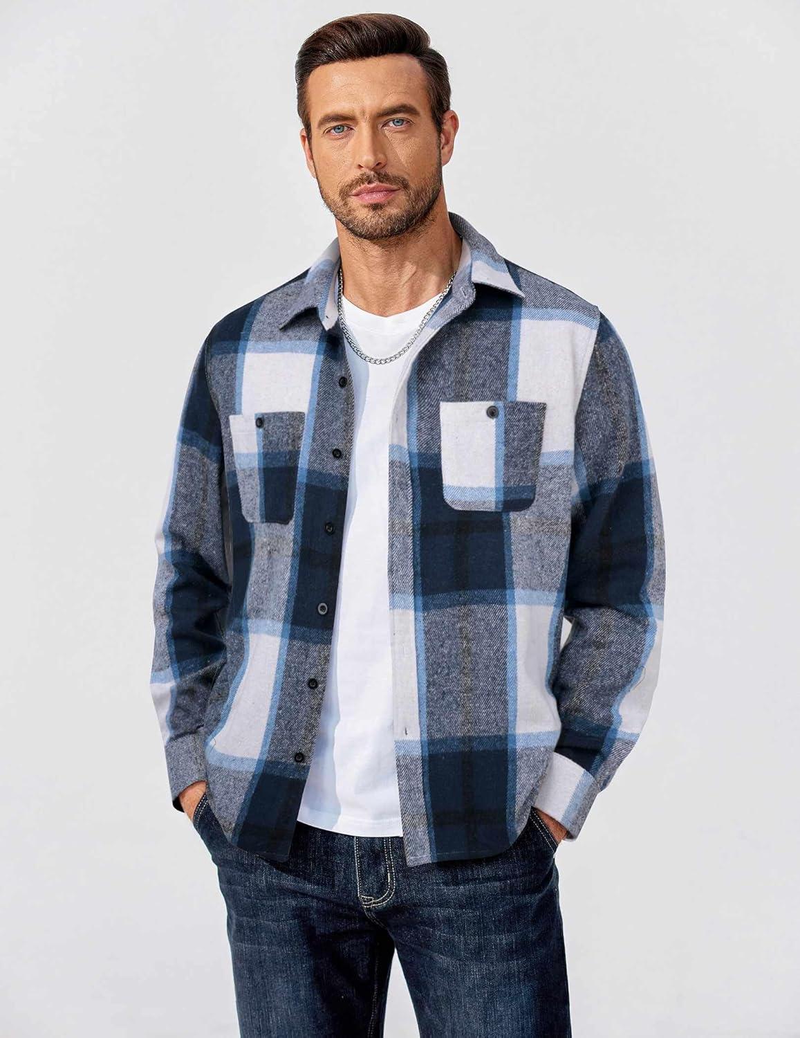 imageCOOFANDY Mens Flannel Shirts Long Sleeve Casual Cotton Plaid Button Down Shirt Jacket with PocketsNavy Blue Plaid