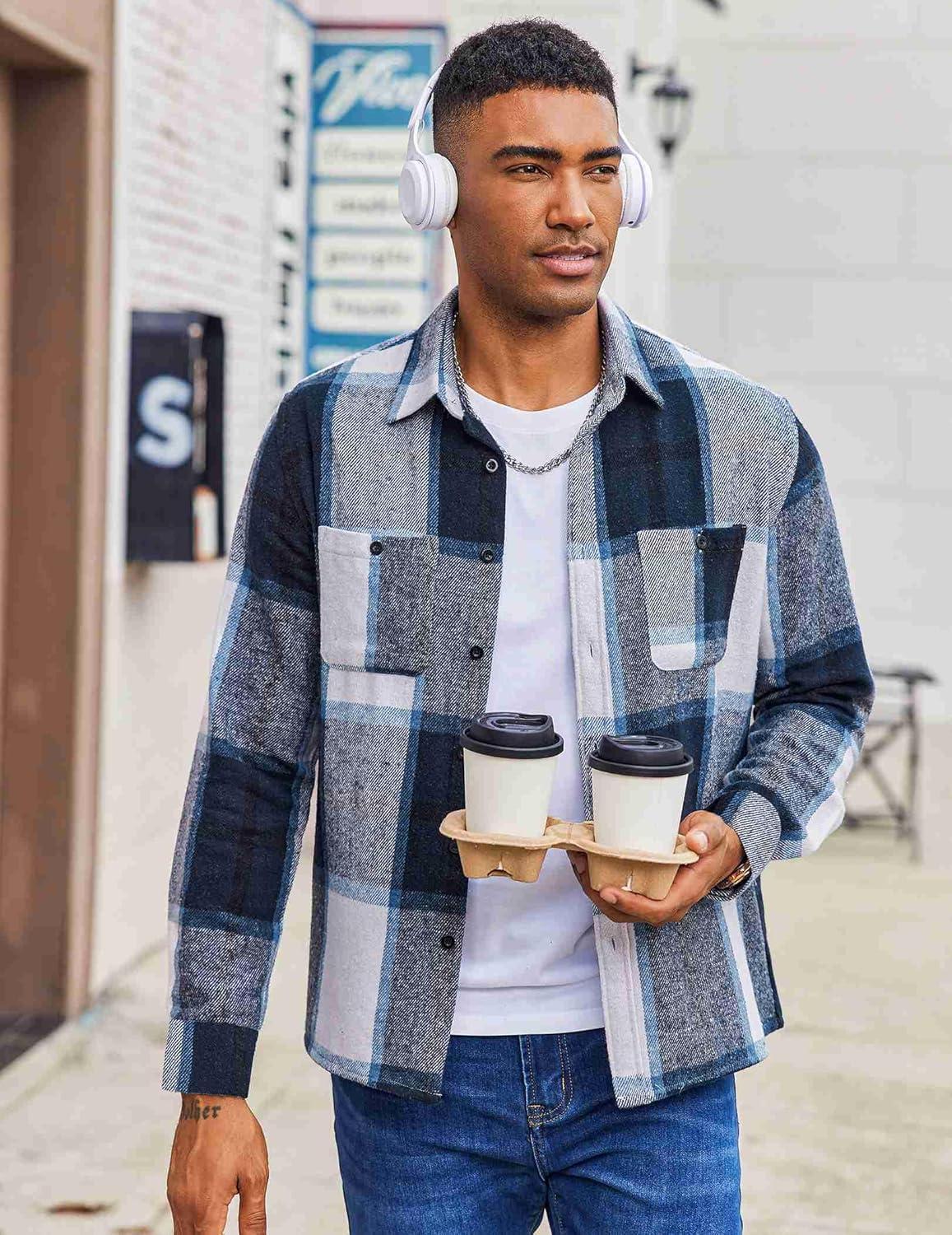 imageCOOFANDY Mens Flannel Shirts Long Sleeve Casual Cotton Plaid Button Down Shirt Jacket with PocketsNavy Blue Plaid