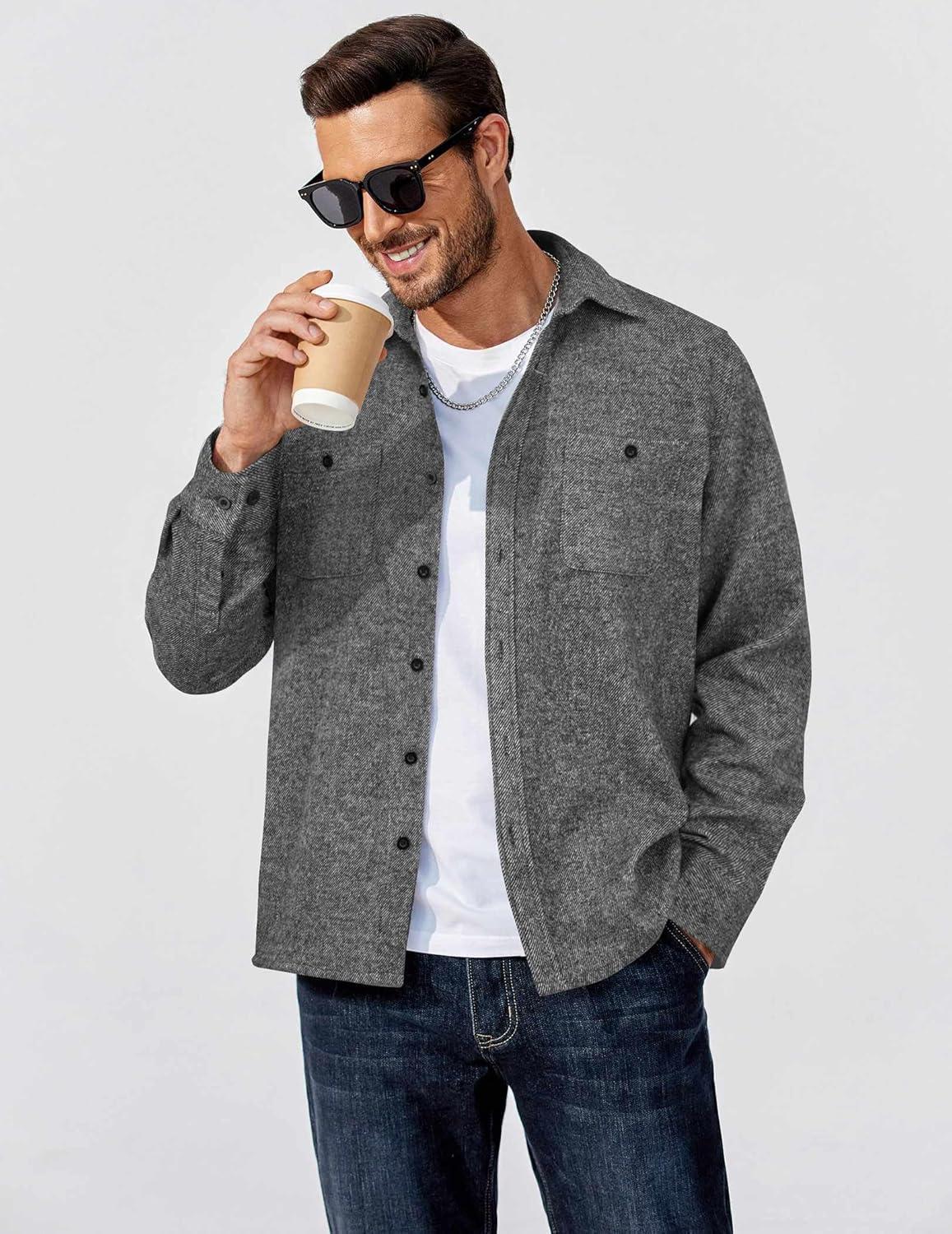 imageCOOFANDY Mens Flannel Shirts Long Sleeve Casual Cotton Plaid Button Down Shirt Jacket with PocketsPureblack