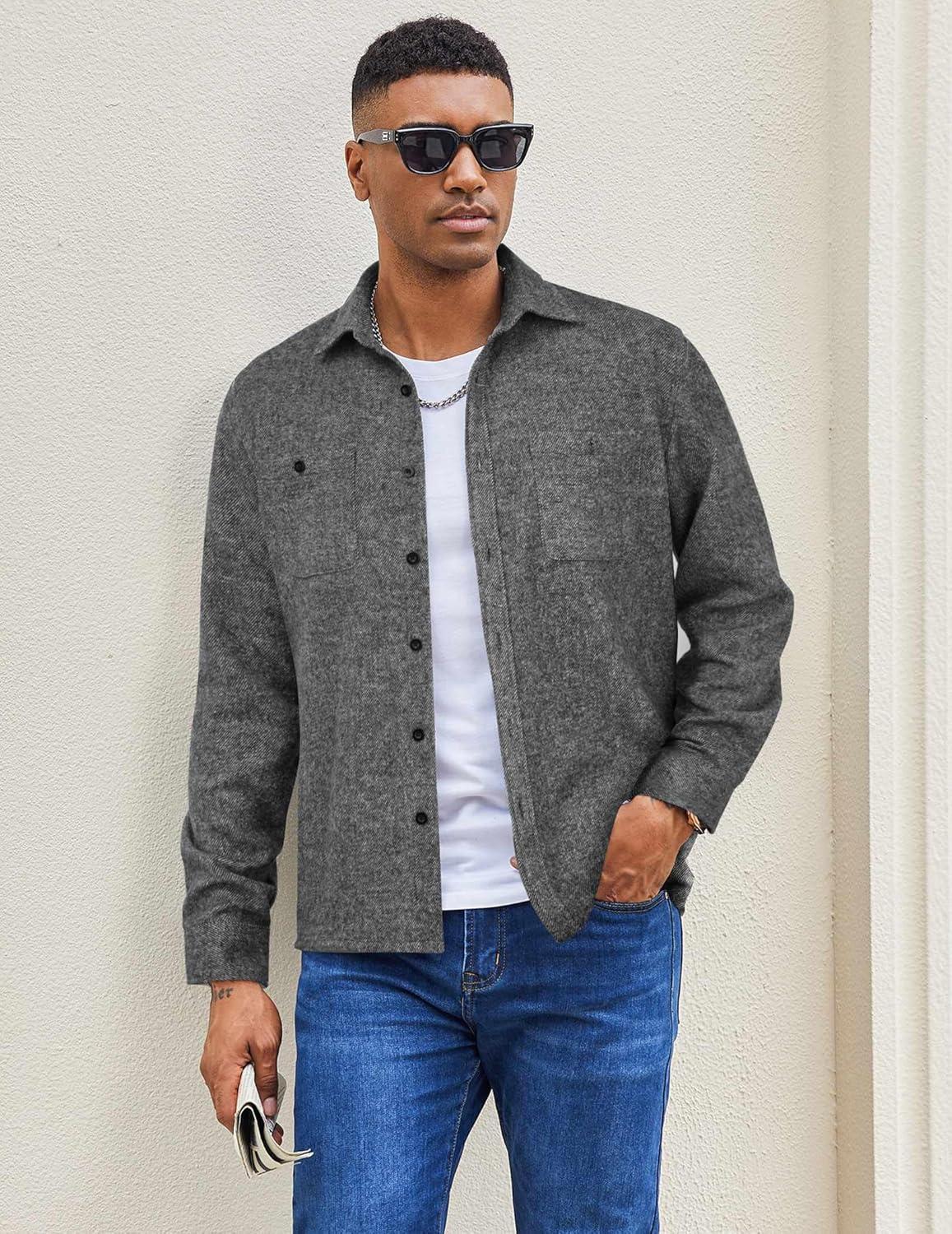 imageCOOFANDY Mens Flannel Shirts Long Sleeve Casual Cotton Plaid Button Down Shirt Jacket with PocketsPureblack