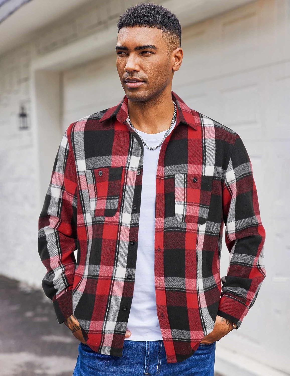 imageCOOFANDY Mens Flannel Shirts Long Sleeve Casual Cotton Plaid Button Down Shirt Jacket with PocketsRedblack Plaid