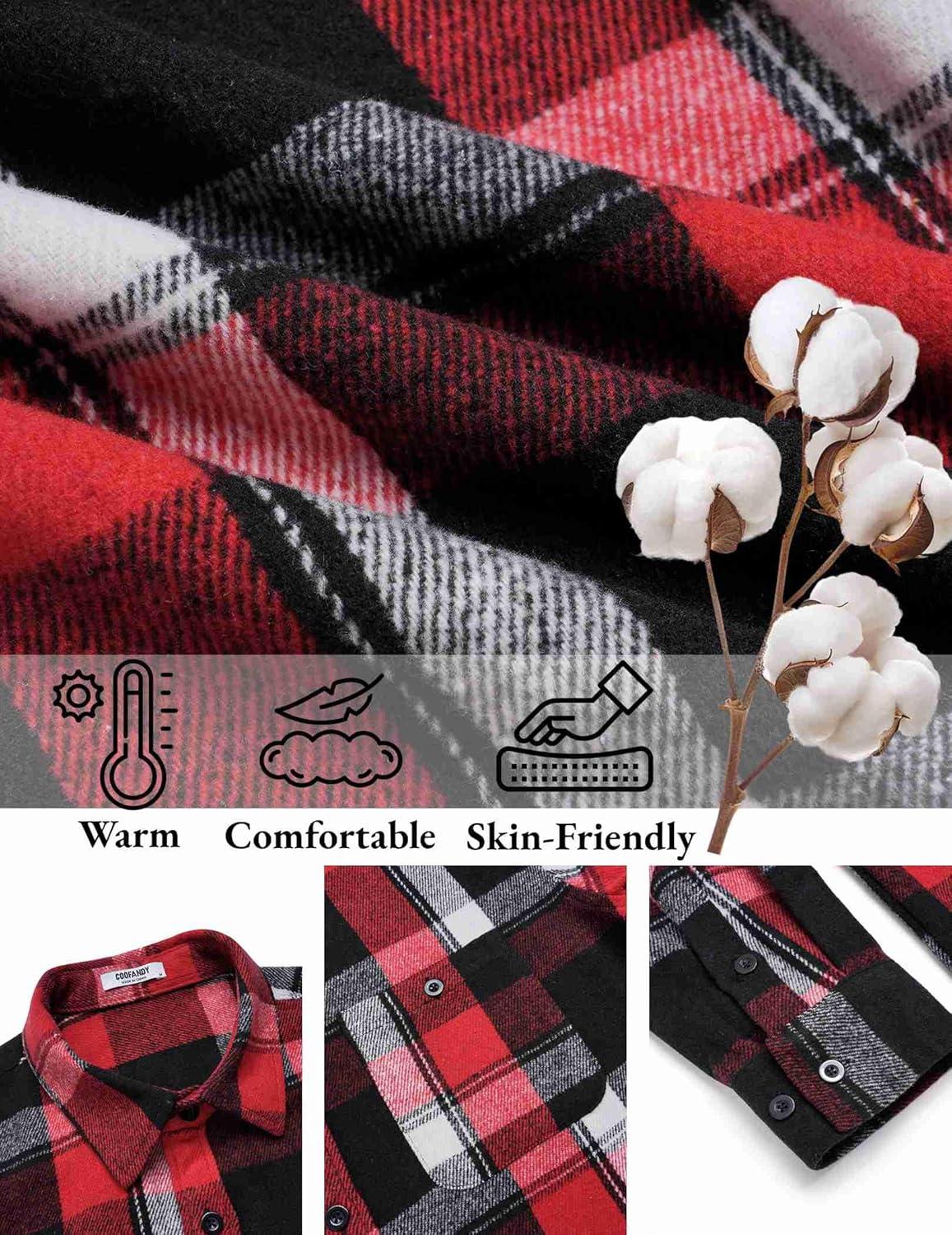 imageCOOFANDY Mens Flannel Shirts Long Sleeve Casual Cotton Plaid Button Down Shirt Jacket with PocketsRedblack Plaid