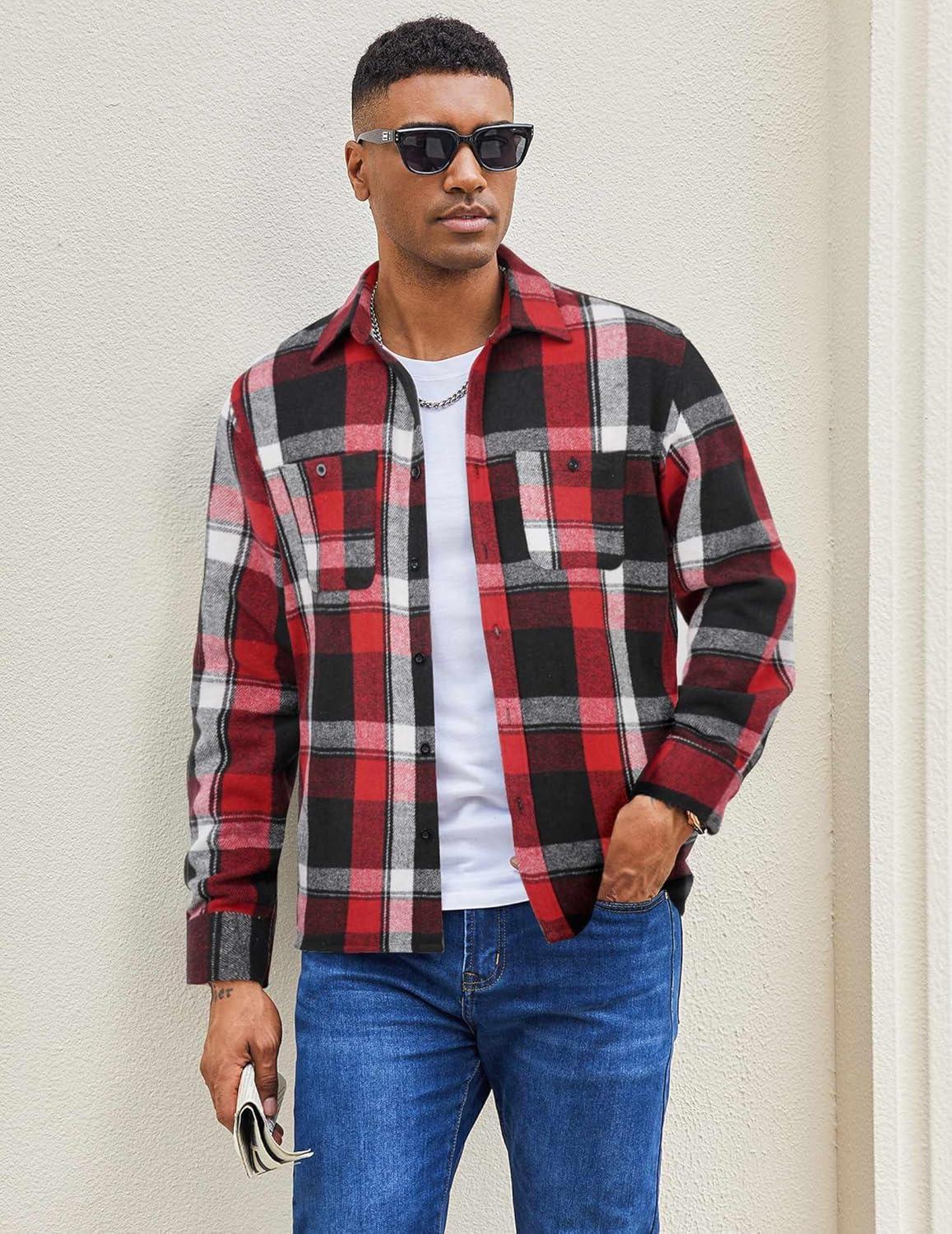 imageCOOFANDY Mens Flannel Shirts Long Sleeve Casual Cotton Plaid Button Down Shirt Jacket with PocketsRedblack Plaid