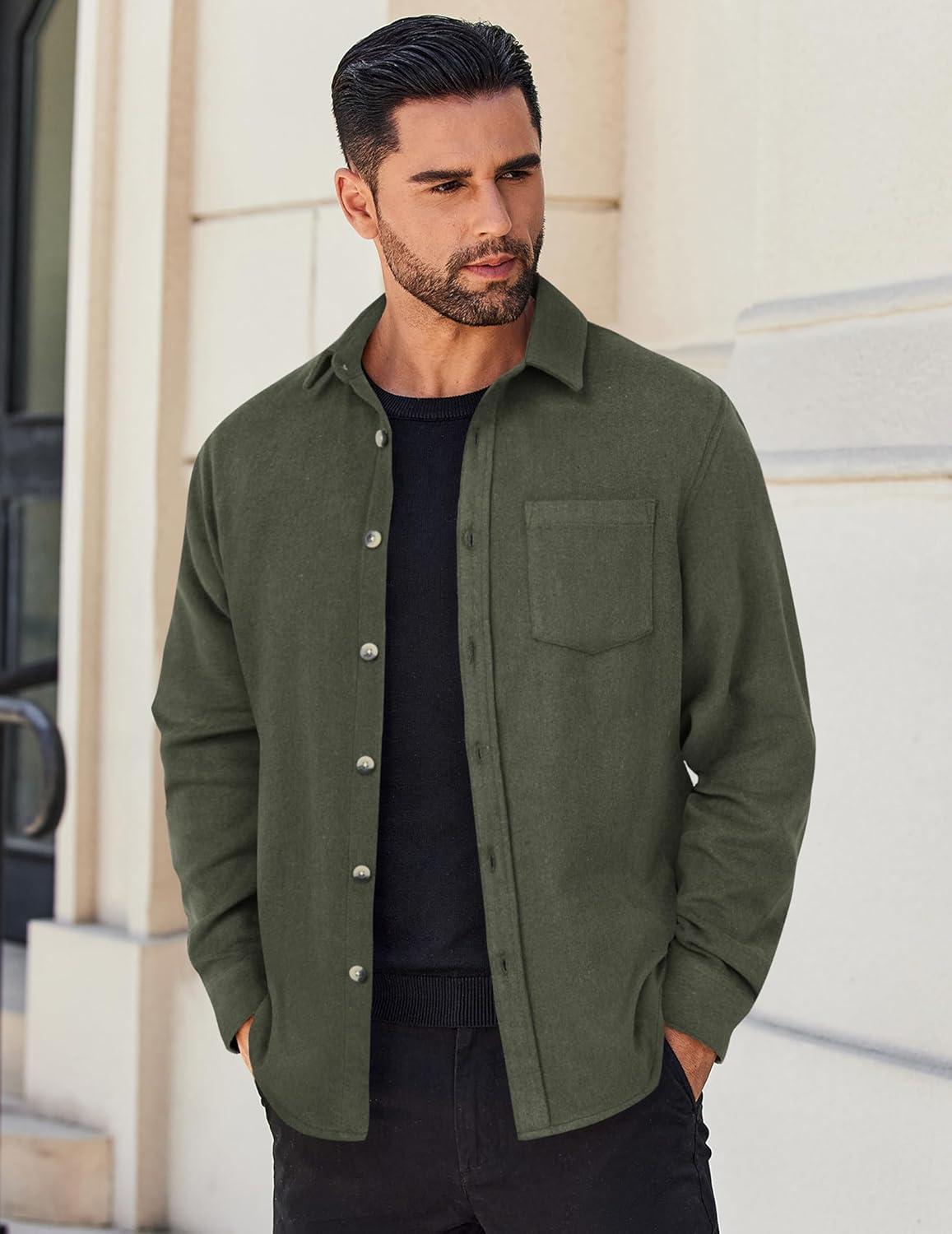imageCOOFANDY Mens Flannel Shirts Long Sleeve Lightweight Plaid Shirt Casual Button Down Shirts JacketArmy Green