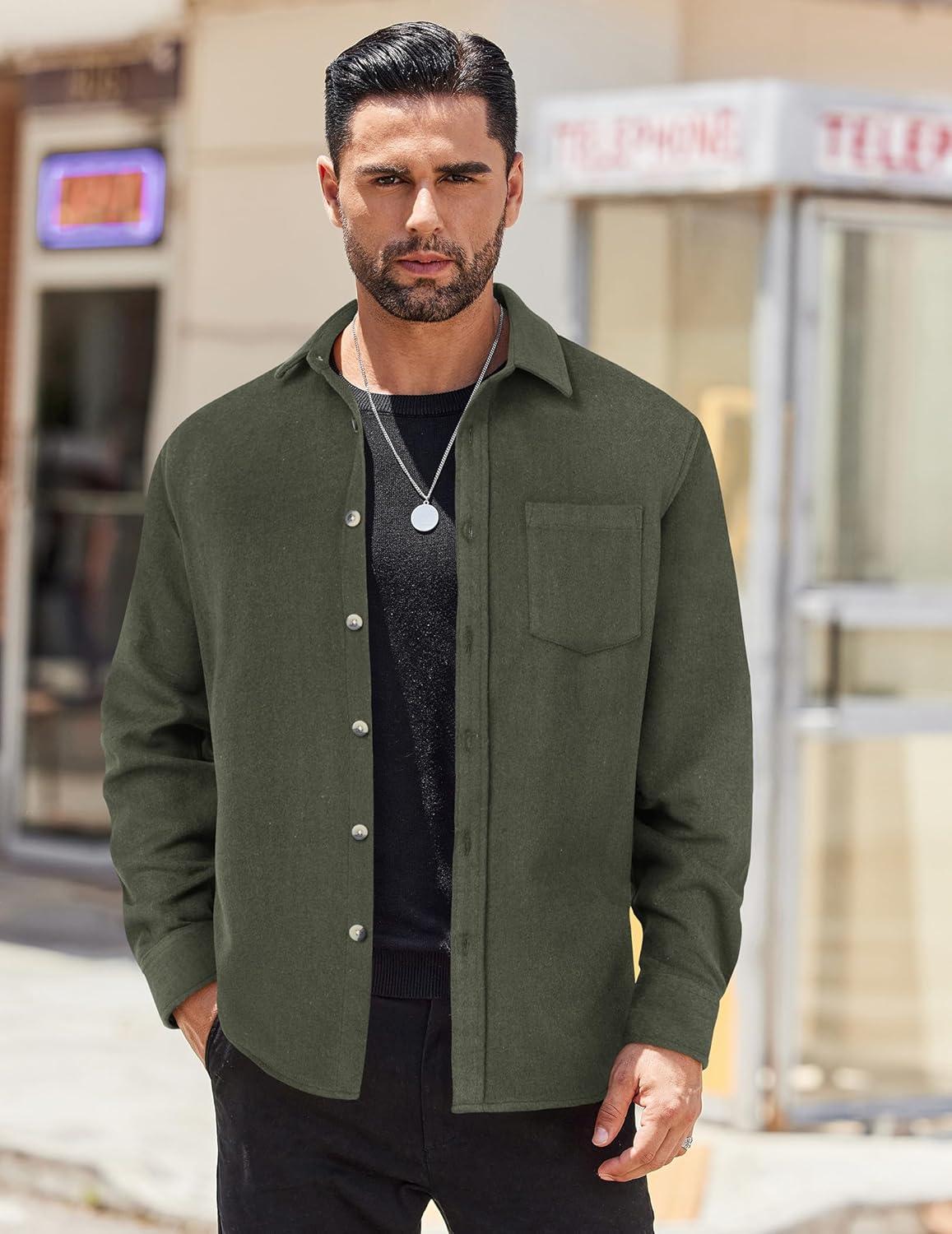 imageCOOFANDY Mens Flannel Shirts Long Sleeve Lightweight Plaid Shirt Casual Button Down Shirts JacketArmy Green