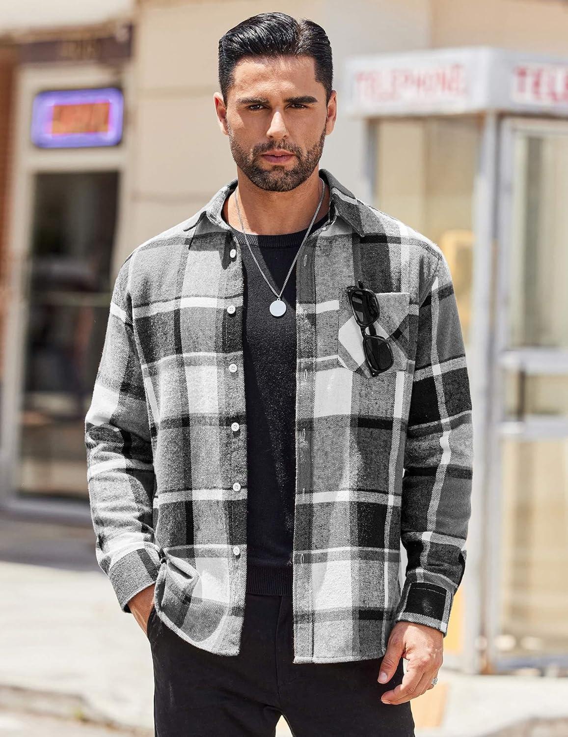 imageCOOFANDY Mens Flannel Shirts Long Sleeve Lightweight Plaid Shirt Casual Button Down Shirts JacketBlack