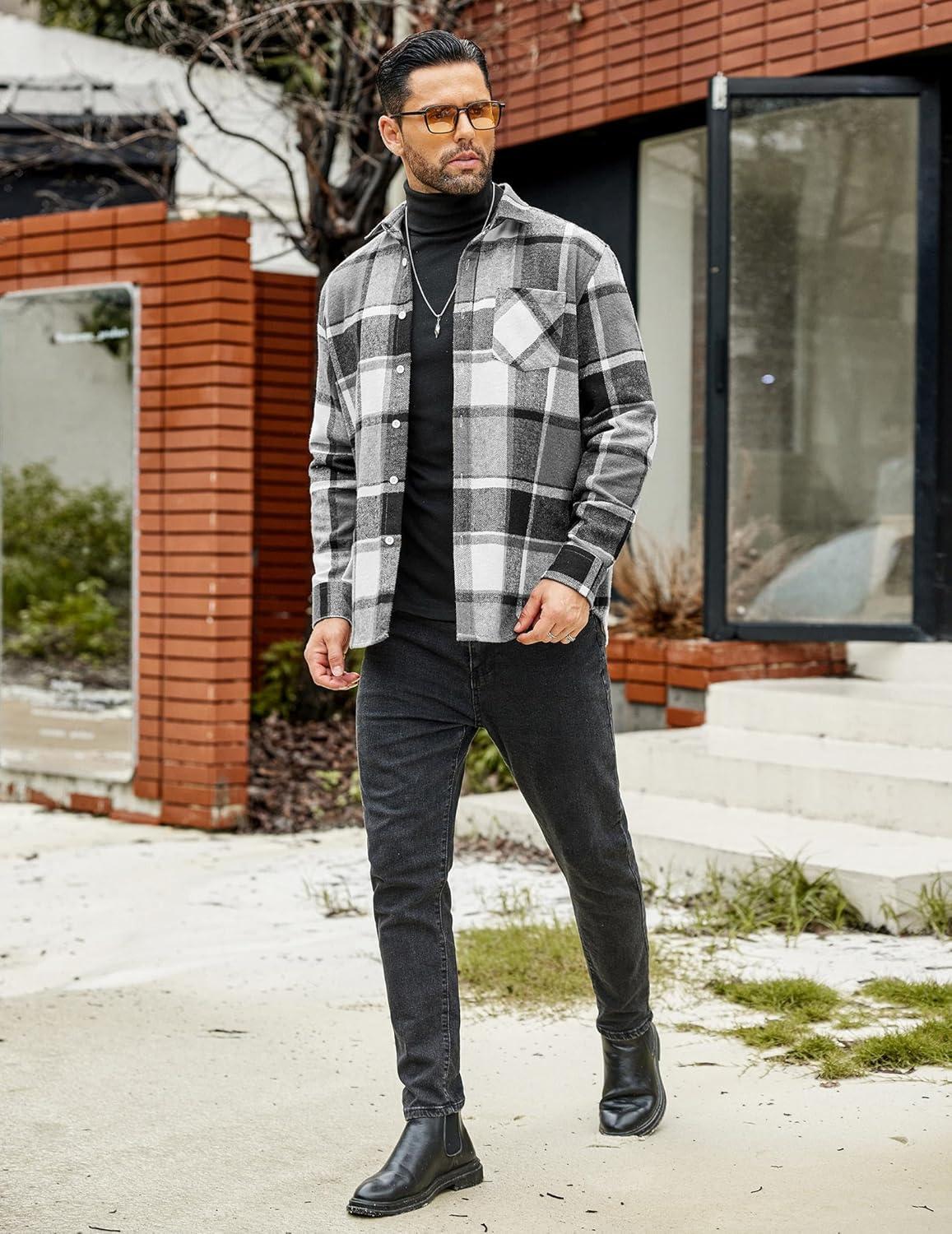 imageCOOFANDY Mens Flannel Shirts Long Sleeve Lightweight Plaid Shirt Casual Button Down Shirts JacketBlack