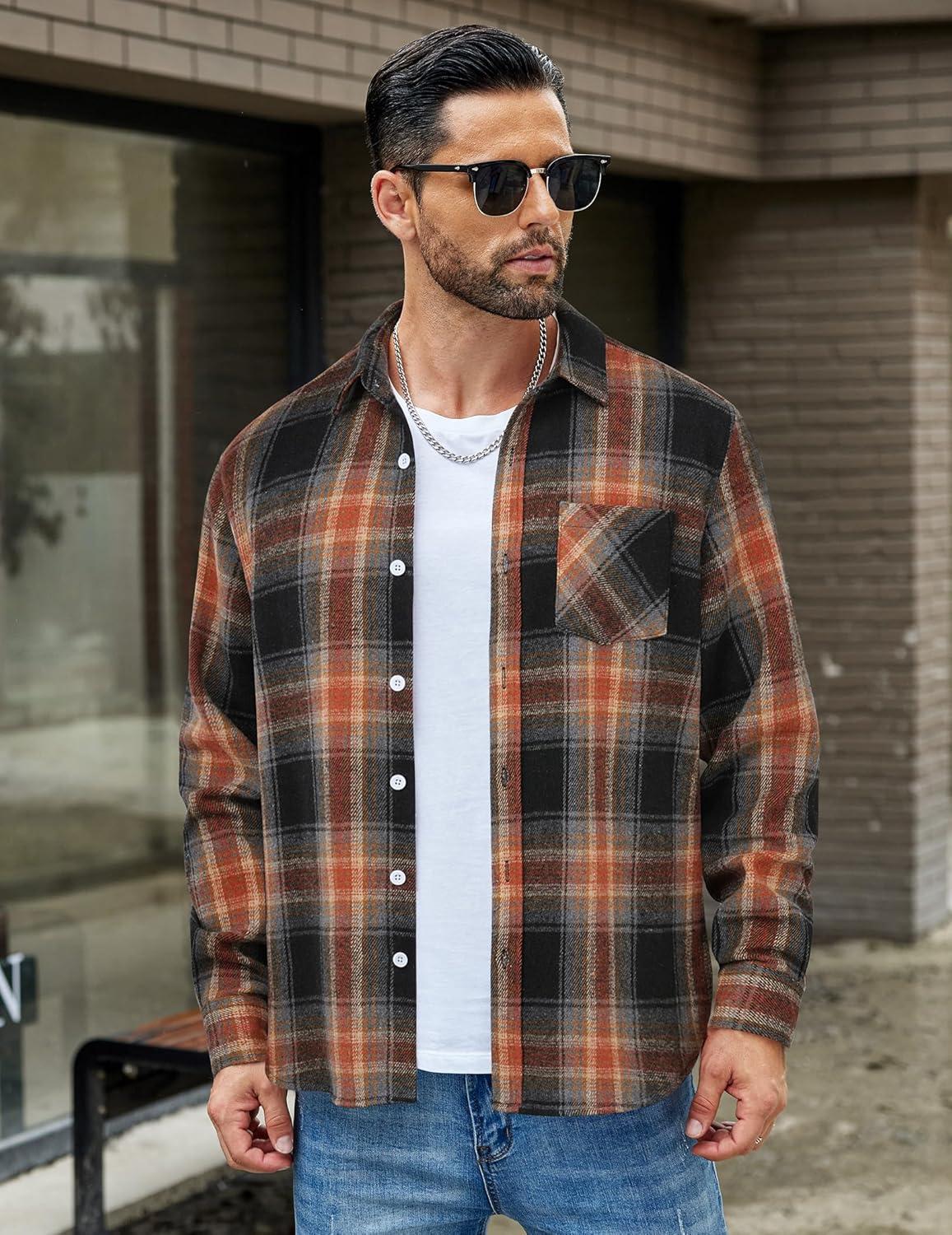 imageCOOFANDY Mens Flannel Shirts Long Sleeve Lightweight Plaid Shirt Casual Button Down Shirts JacketBlack Orange