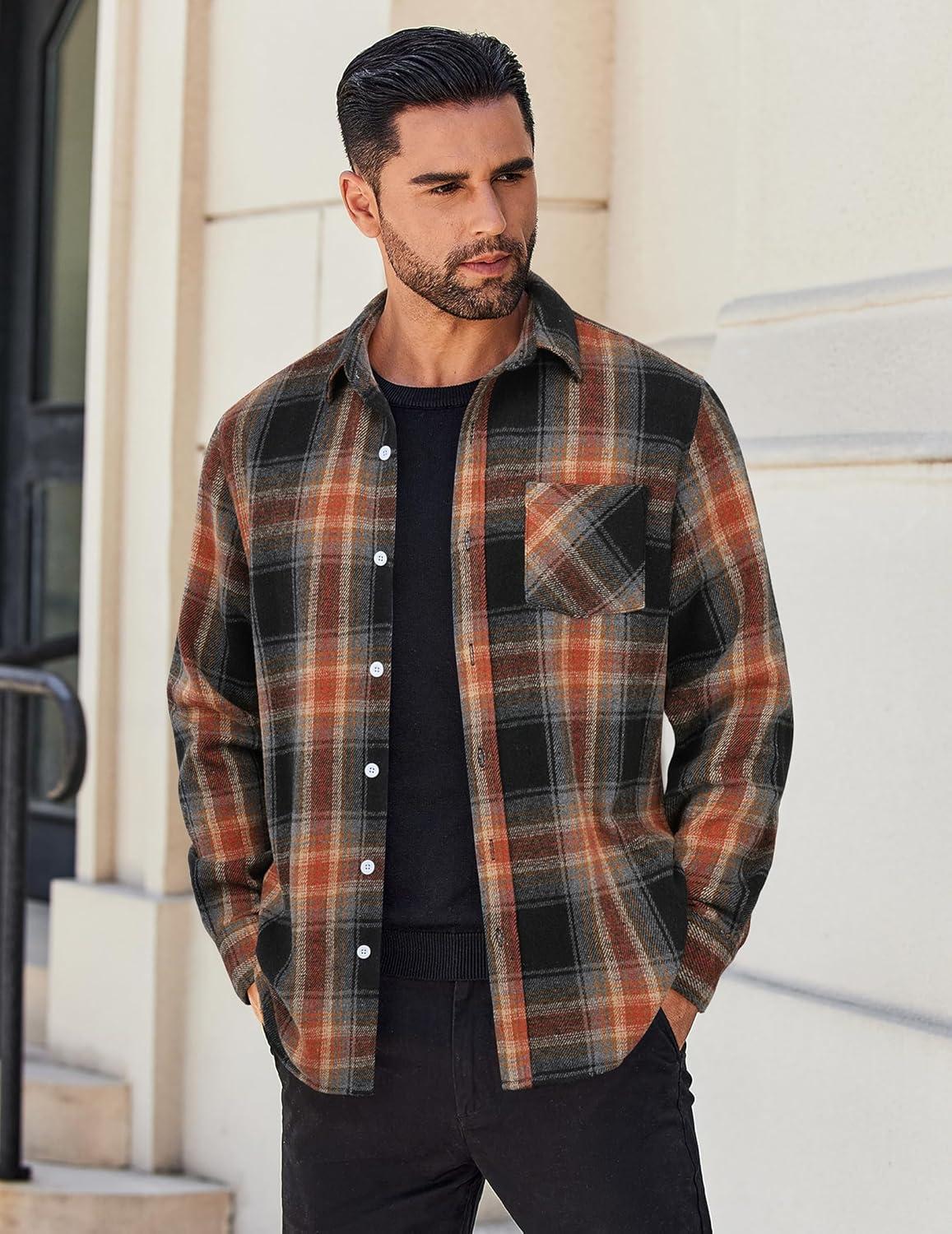 imageCOOFANDY Mens Flannel Shirts Long Sleeve Lightweight Plaid Shirt Casual Button Down Shirts JacketBlack Orange