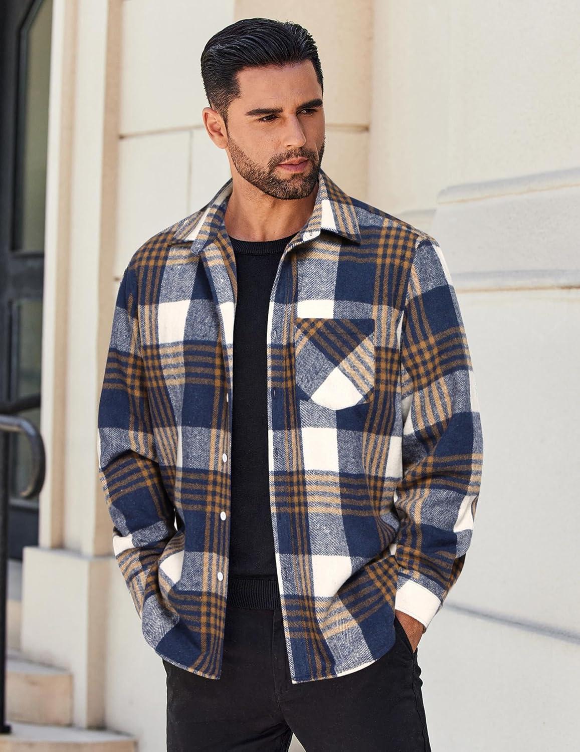 imageCOOFANDY Mens Flannel Shirts Long Sleeve Lightweight Plaid Shirt Casual Button Down Shirts JacketBlue Plaid