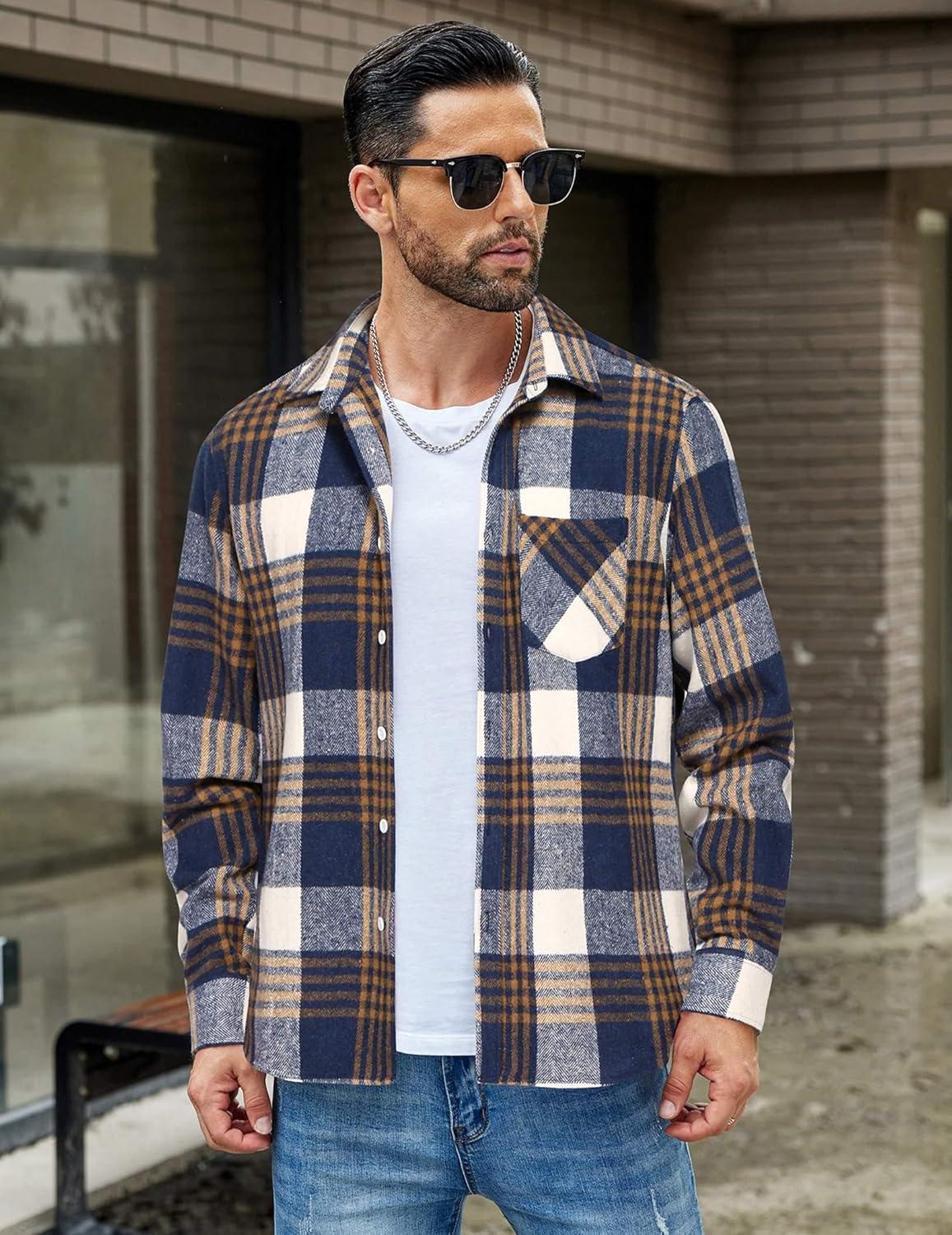 imageCOOFANDY Mens Flannel Shirts Long Sleeve Lightweight Plaid Shirt Casual Button Down Shirts JacketBlue Plaid