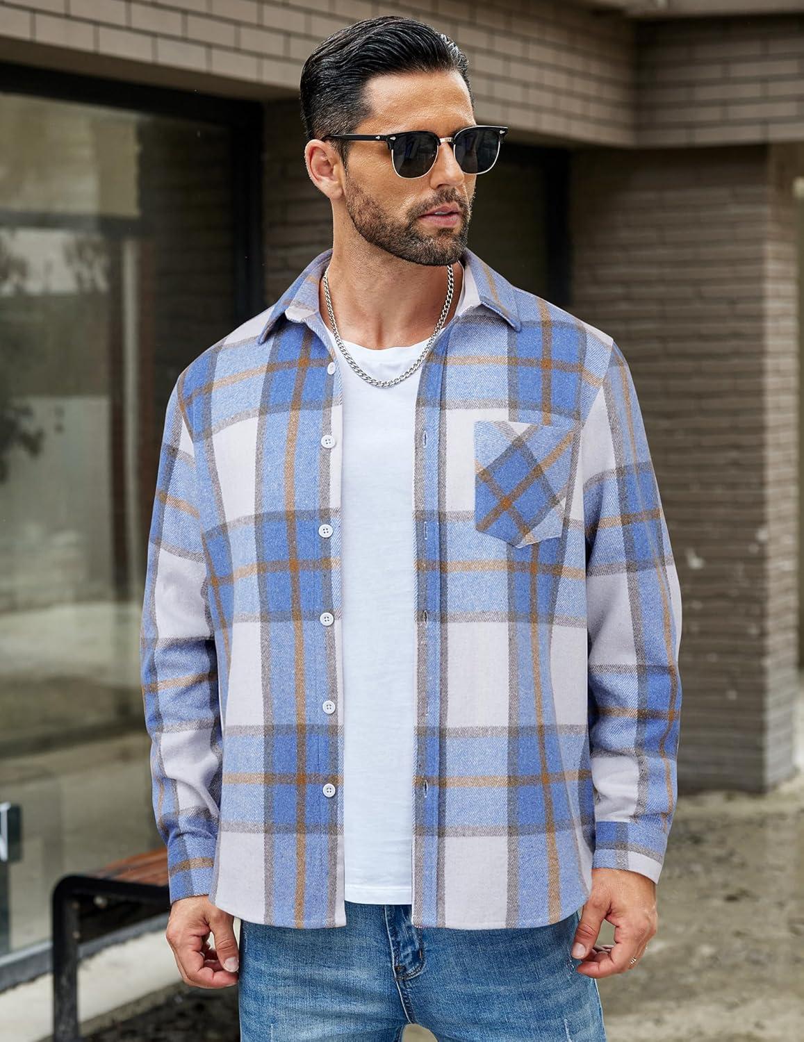 imageCOOFANDY Mens Flannel Shirts Long Sleeve Lightweight Plaid Shirt Casual Button Down Shirts JacketBlue White Plaid