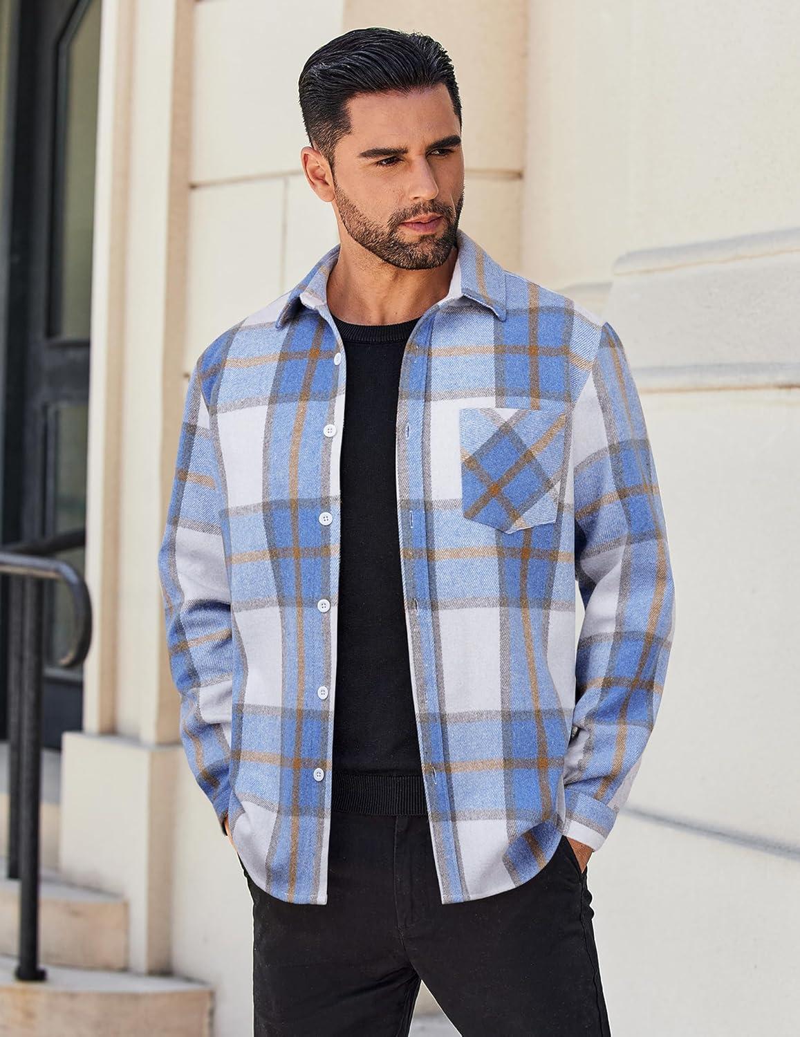 imageCOOFANDY Mens Flannel Shirts Long Sleeve Lightweight Plaid Shirt Casual Button Down Shirts JacketBlue White Plaid