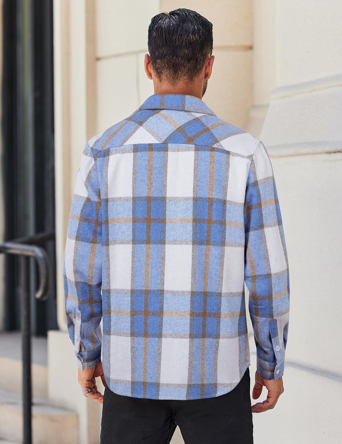 imageCOOFANDY Mens Flannel Shirts Long Sleeve Lightweight Plaid Shirt Casual Button Down Shirts JacketBlue White Plaid
