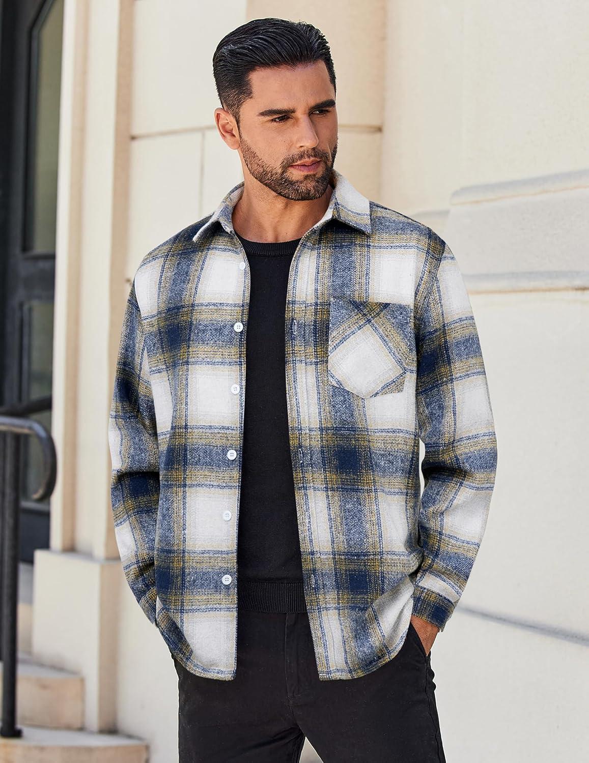 imageCOOFANDY Mens Flannel Shirts Long Sleeve Lightweight Plaid Shirt Casual Button Down Shirts JacketBlue Yellow