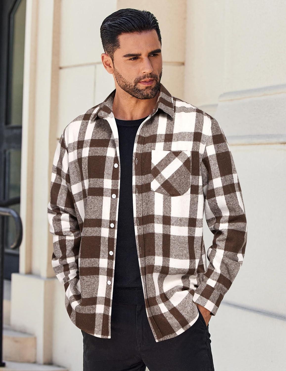 imageCOOFANDY Mens Flannel Shirts Long Sleeve Lightweight Plaid Shirt Casual Button Down Shirts JacketBrown