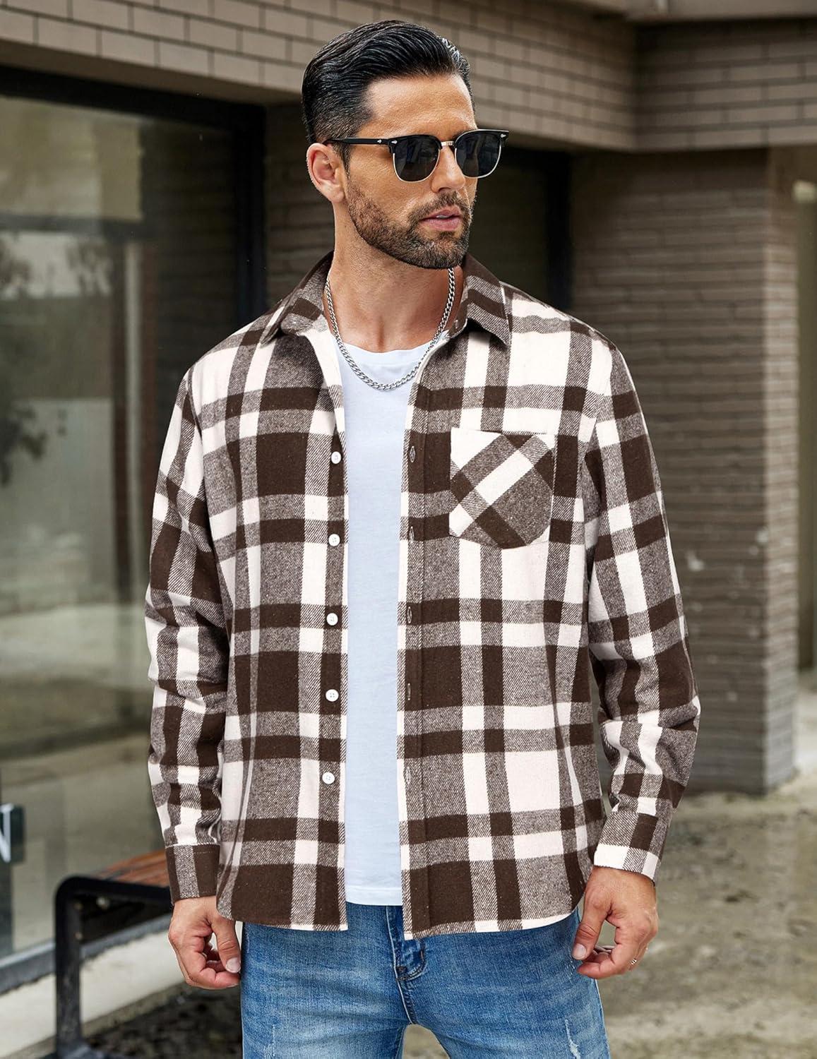 imageCOOFANDY Mens Flannel Shirts Long Sleeve Lightweight Plaid Shirt Casual Button Down Shirts JacketBrown