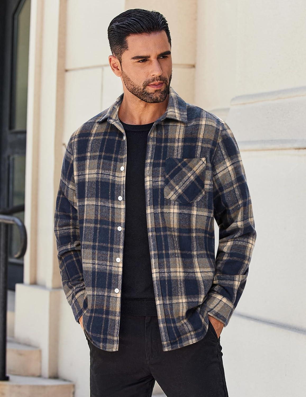 imageCOOFANDY Mens Flannel Shirts Long Sleeve Lightweight Plaid Shirt Casual Button Down Shirts JacketDark Blue