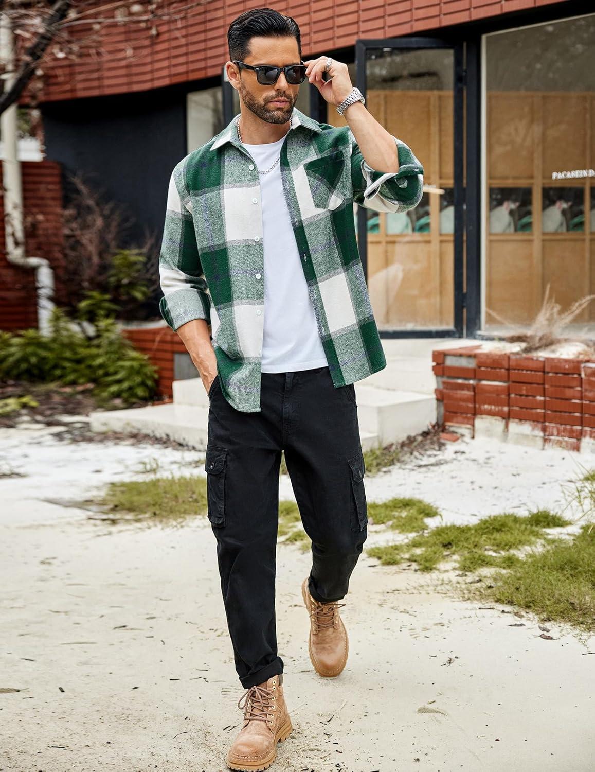 imageCOOFANDY Mens Flannel Shirts Long Sleeve Lightweight Plaid Shirt Casual Button Down Shirts JacketGreen