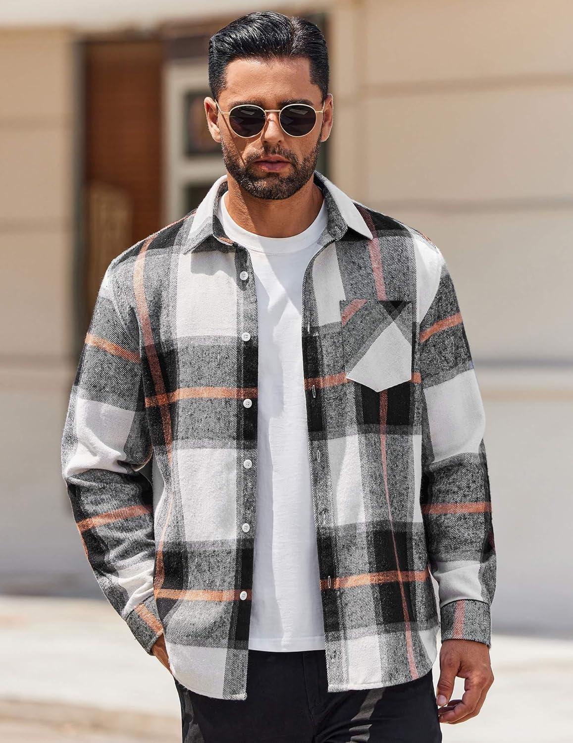 imageCOOFANDY Mens Flannel Shirts Long Sleeve Lightweight Plaid Shirt Casual Button Down Shirts JacketGrey