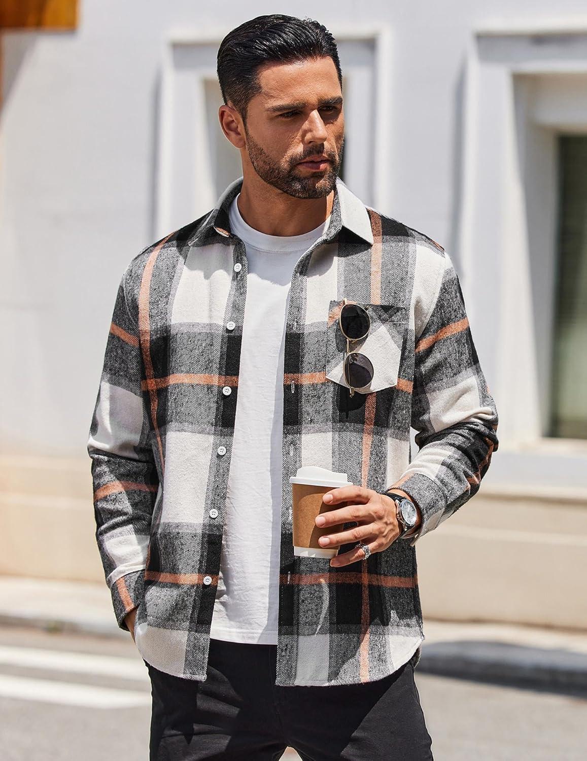 imageCOOFANDY Mens Flannel Shirts Long Sleeve Lightweight Plaid Shirt Casual Button Down Shirts JacketGrey