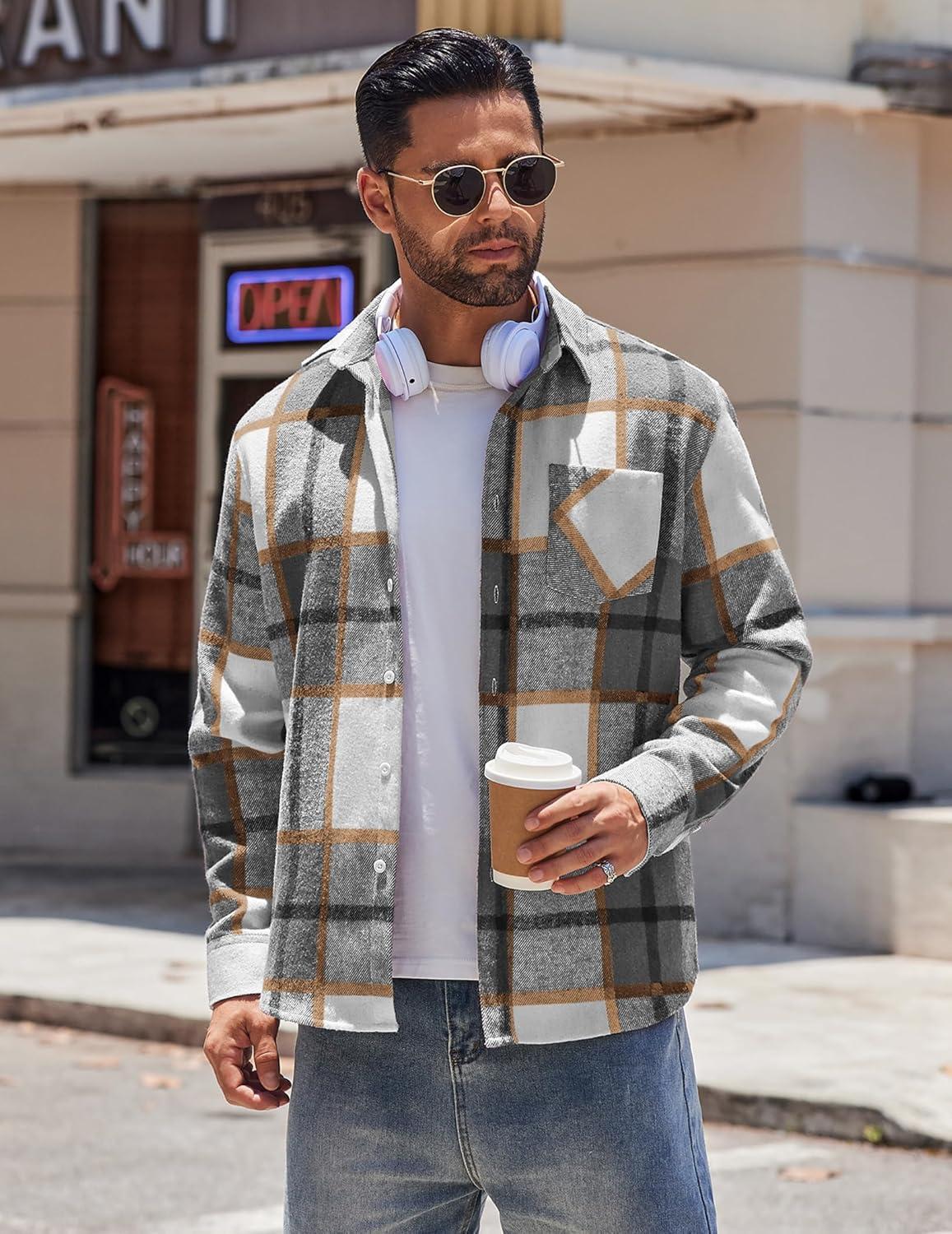 imageCOOFANDY Mens Flannel Shirts Long Sleeve Lightweight Plaid Shirt Casual Button Down Shirts JacketGrey Plaid