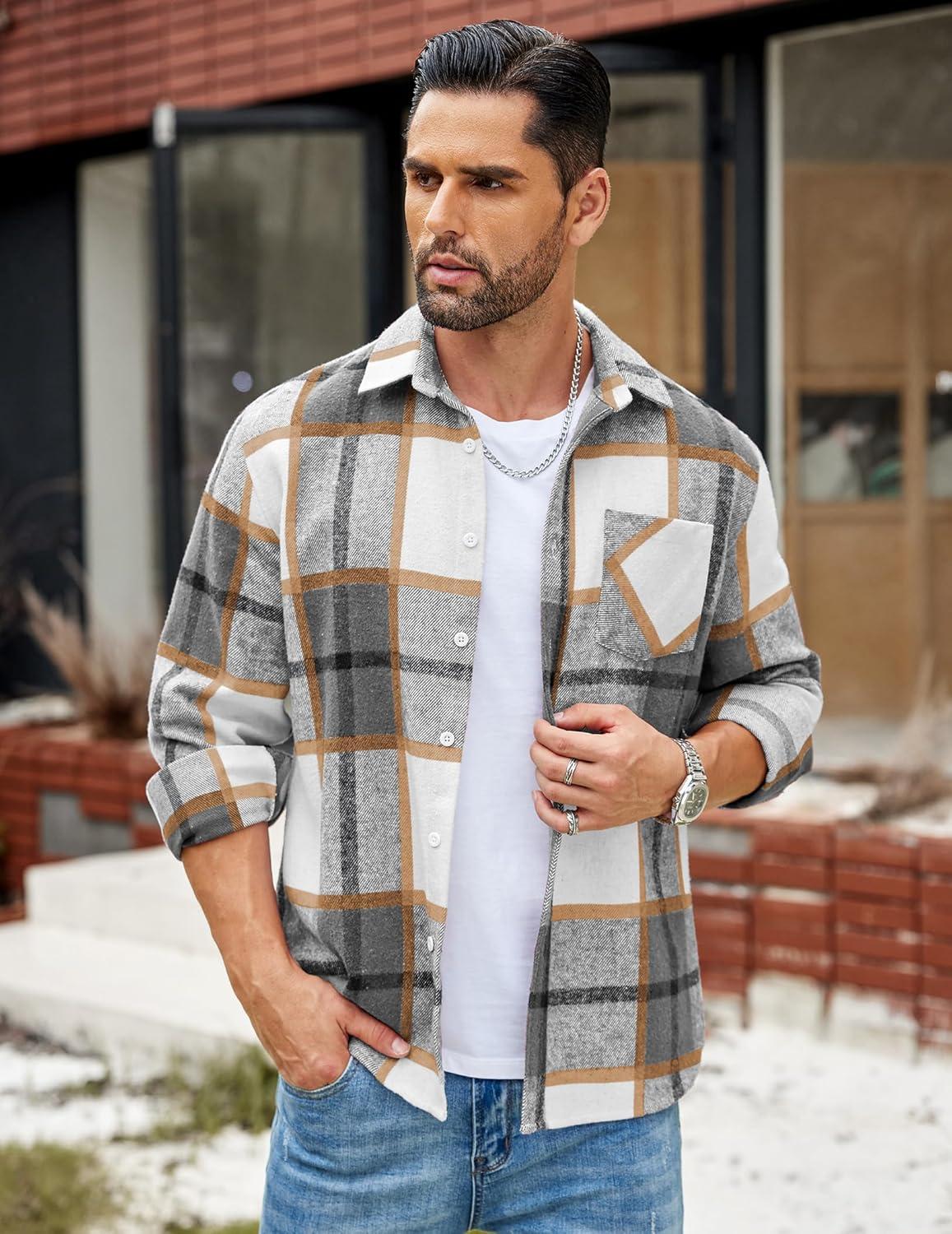 imageCOOFANDY Mens Flannel Shirts Long Sleeve Lightweight Plaid Shirt Casual Button Down Shirts JacketGrey Plaid