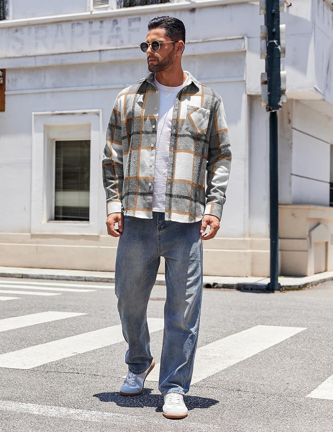 imageCOOFANDY Mens Flannel Shirts Long Sleeve Lightweight Plaid Shirt Casual Button Down Shirts JacketGrey Plaid