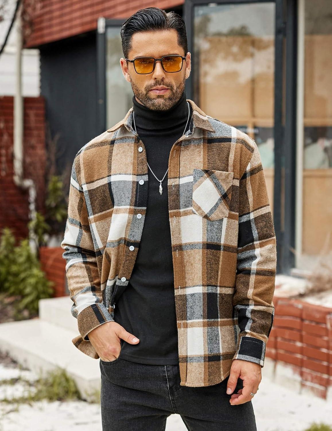 imageCOOFANDY Mens Flannel Shirts Long Sleeve Lightweight Plaid Shirt Casual Button Down Shirts JacketKhaki