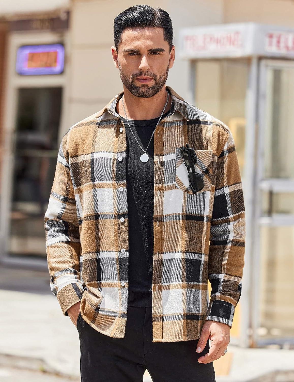 imageCOOFANDY Mens Flannel Shirts Long Sleeve Lightweight Plaid Shirt Casual Button Down Shirts JacketKhaki
