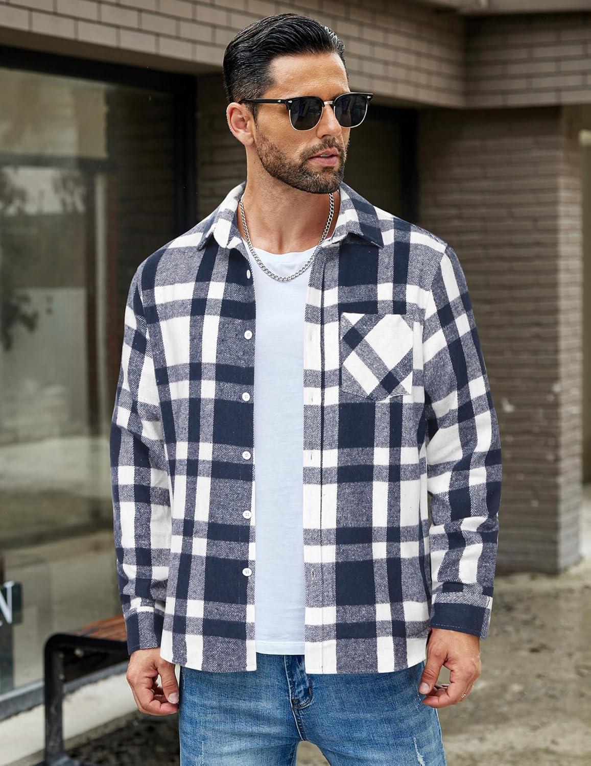 imageCOOFANDY Mens Flannel Shirts Long Sleeve Lightweight Plaid Shirt Casual Button Down Shirts JacketLight Blue