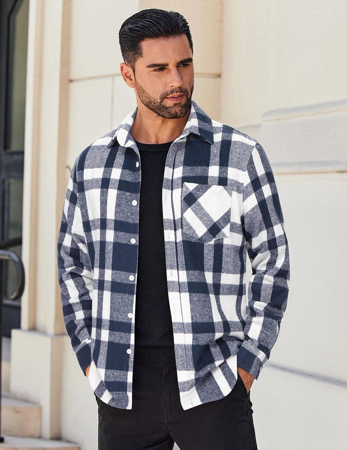 imageCOOFANDY Mens Flannel Shirts Long Sleeve Lightweight Plaid Shirt Casual Button Down Shirts JacketLight Blue