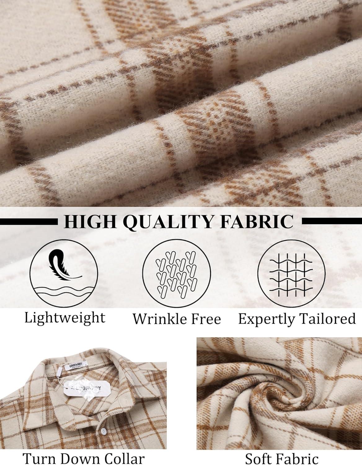 imageCOOFANDY Mens Flannel Shirts Long Sleeve Lightweight Plaid Shirt Casual Button Down Shirts JacketLight Brown