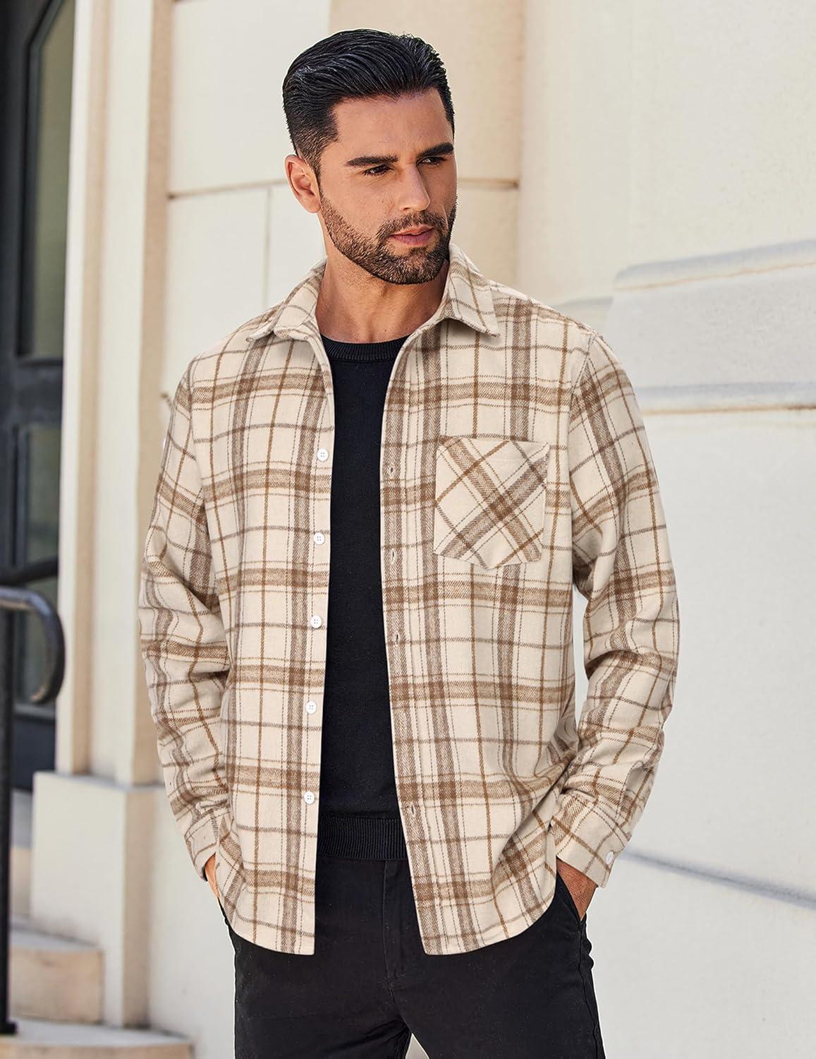 imageCOOFANDY Mens Flannel Shirts Long Sleeve Lightweight Plaid Shirt Casual Button Down Shirts JacketLight Brown