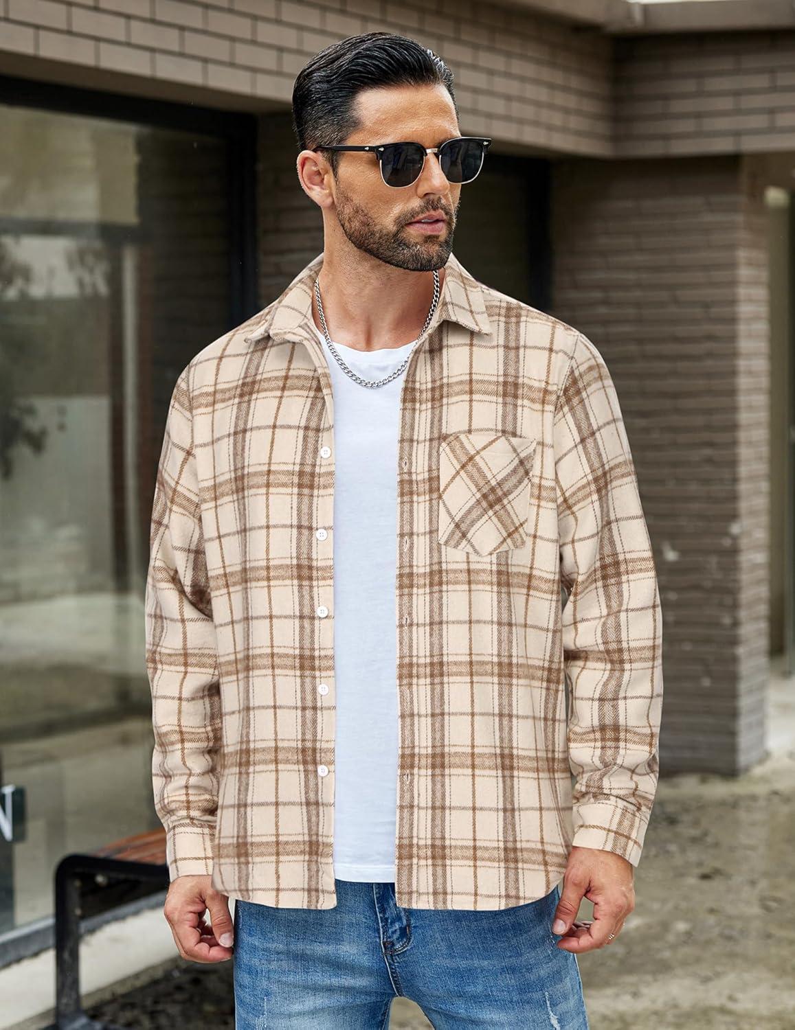 imageCOOFANDY Mens Flannel Shirts Long Sleeve Lightweight Plaid Shirt Casual Button Down Shirts JacketLight Brown