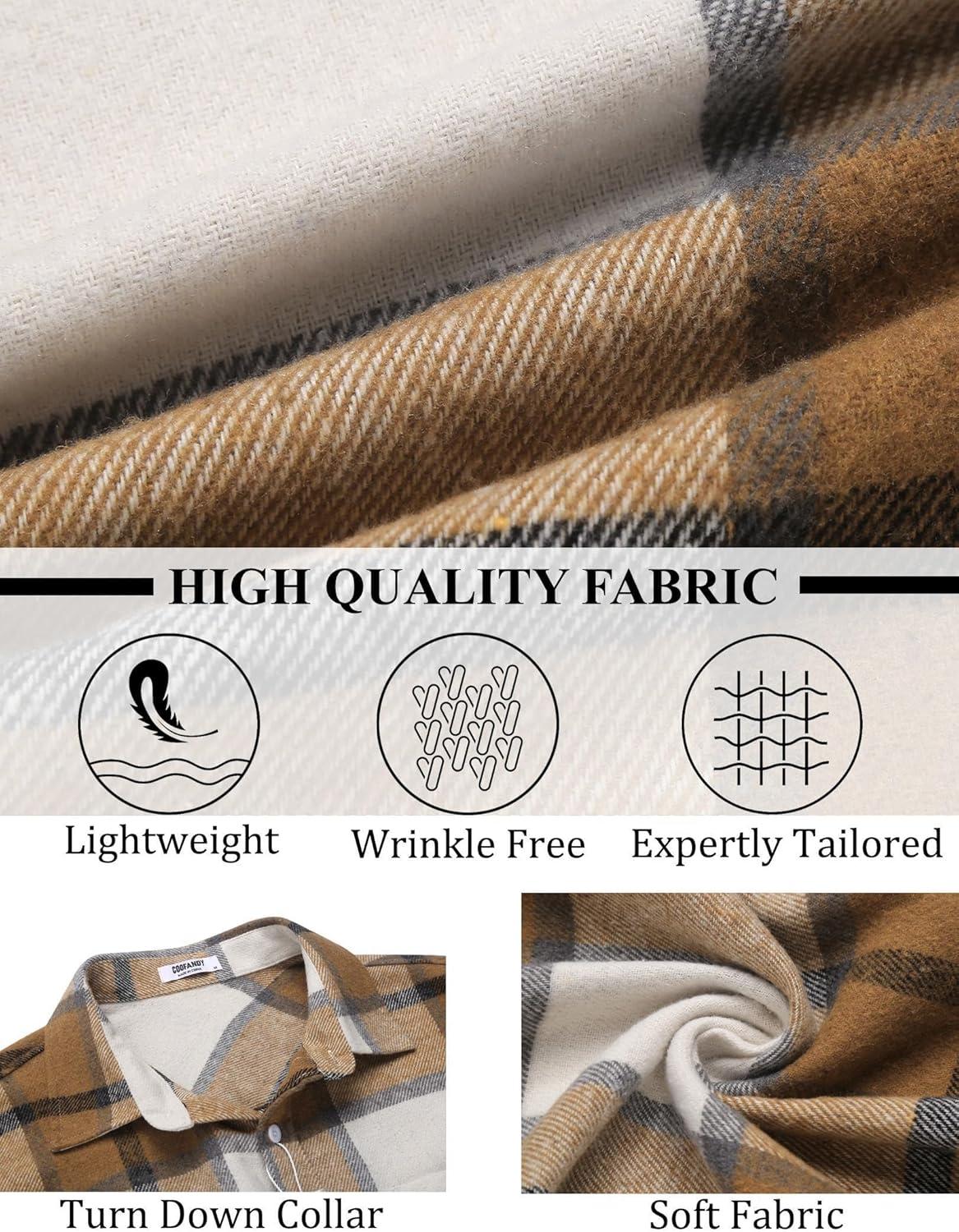 imageCOOFANDY Mens Flannel Shirts Long Sleeve Lightweight Plaid Shirt Casual Button Down Shirts JacketLight Khaki