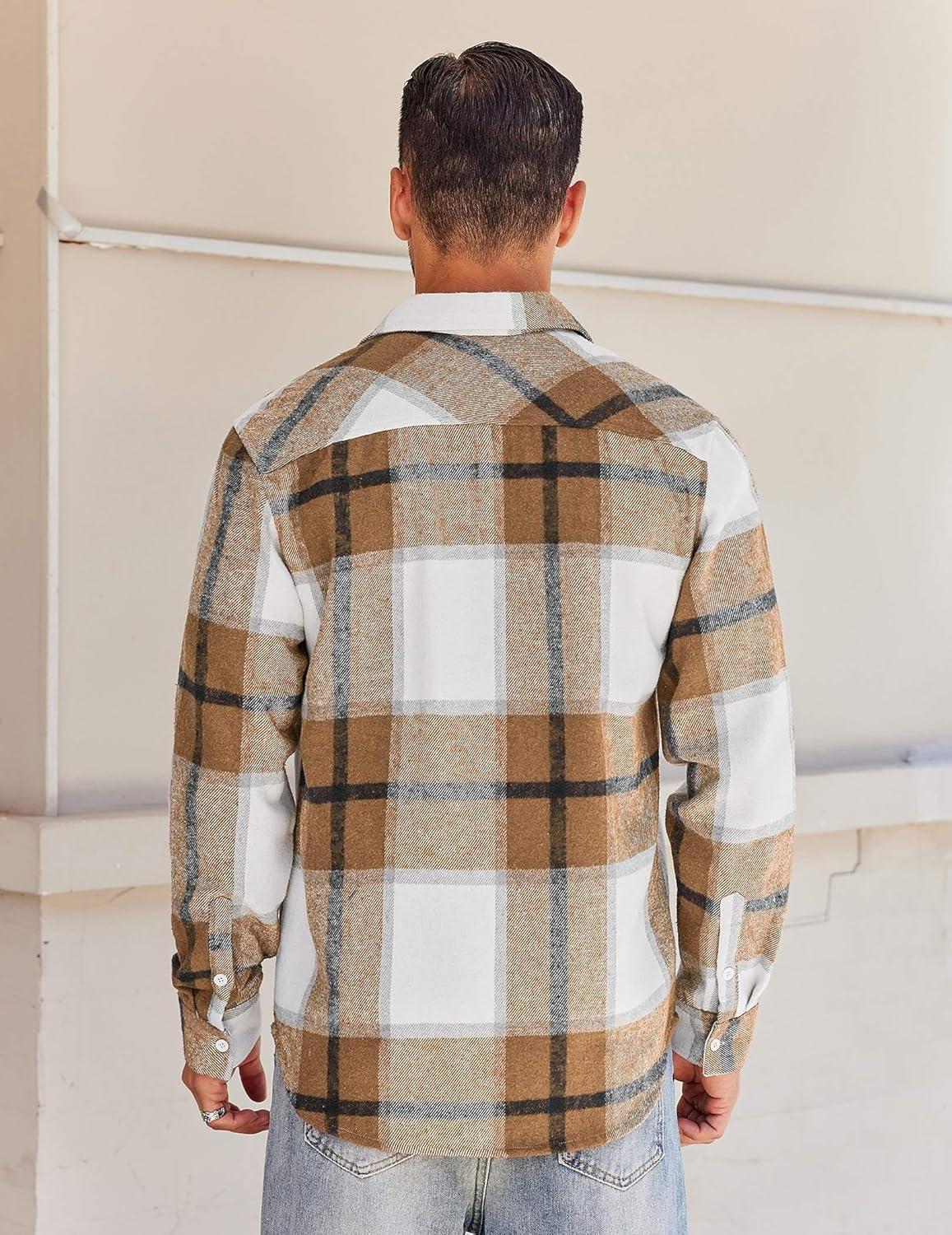imageCOOFANDY Mens Flannel Shirts Long Sleeve Lightweight Plaid Shirt Casual Button Down Shirts JacketLight Khaki