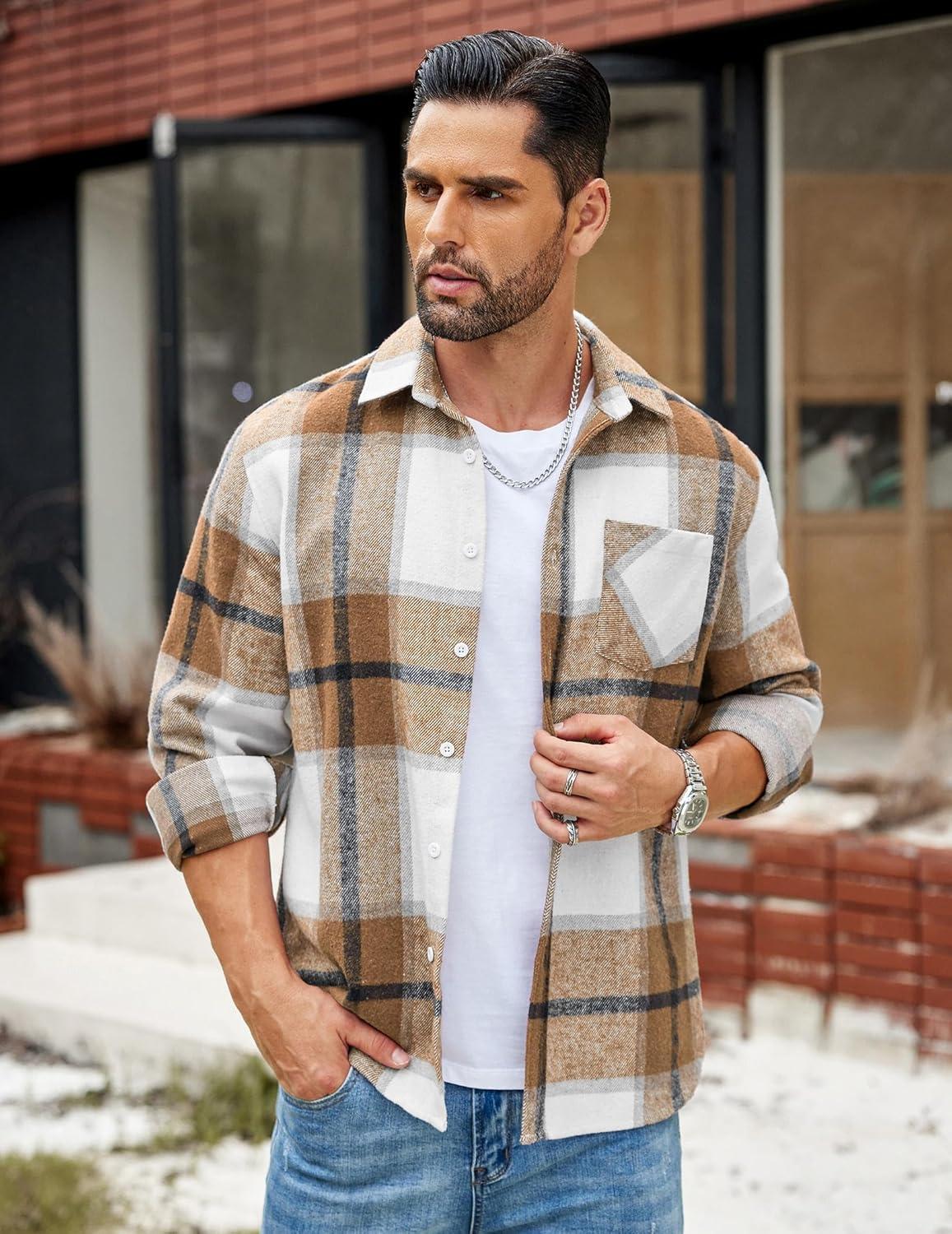 imageCOOFANDY Mens Flannel Shirts Long Sleeve Lightweight Plaid Shirt Casual Button Down Shirts JacketLight Khaki