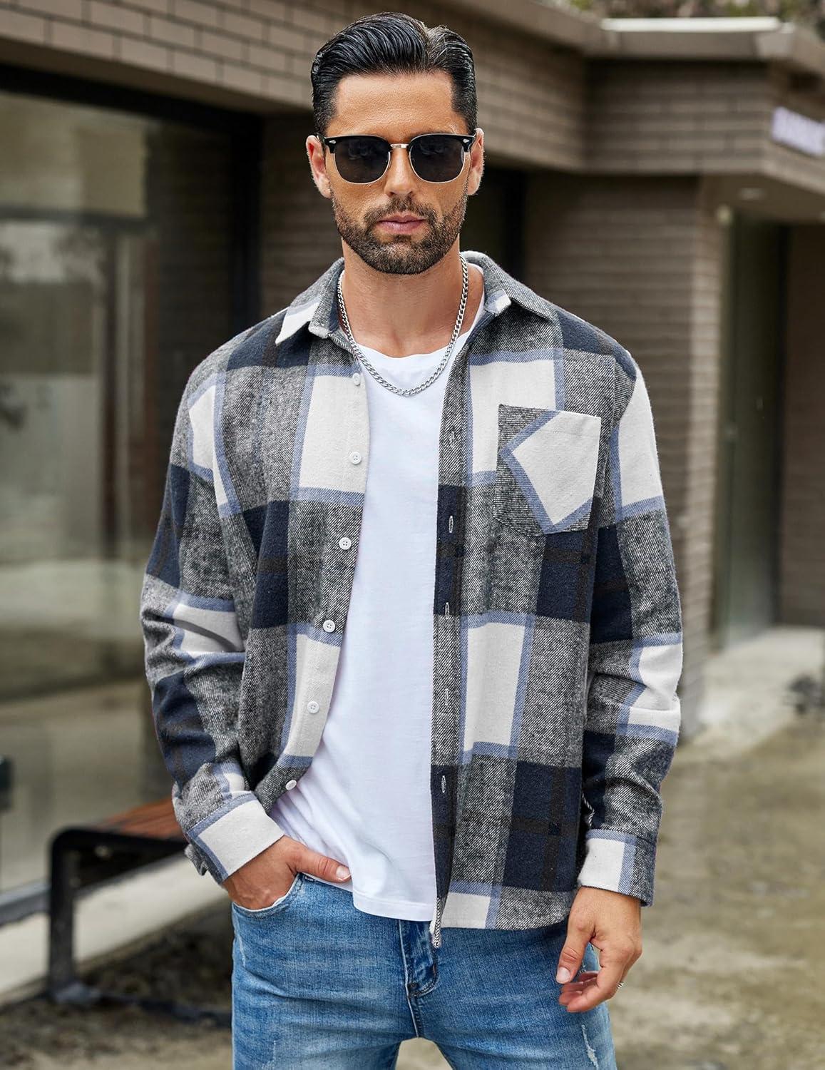 imageCOOFANDY Mens Flannel Shirts Long Sleeve Lightweight Plaid Shirt Casual Button Down Shirts JacketNavy Blue