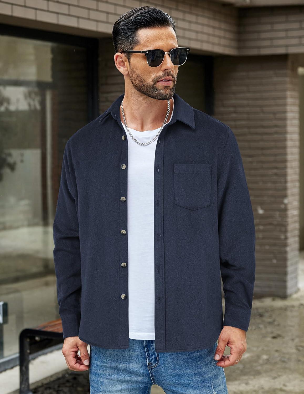 imageCOOFANDY Mens Flannel Shirts Long Sleeve Lightweight Plaid Shirt Casual Button Down Shirts JacketNavy Blue Solid