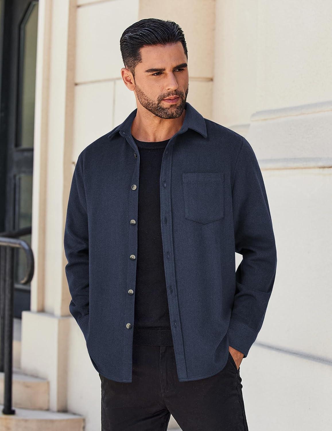 imageCOOFANDY Mens Flannel Shirts Long Sleeve Lightweight Plaid Shirt Casual Button Down Shirts JacketNavy Blue Solid