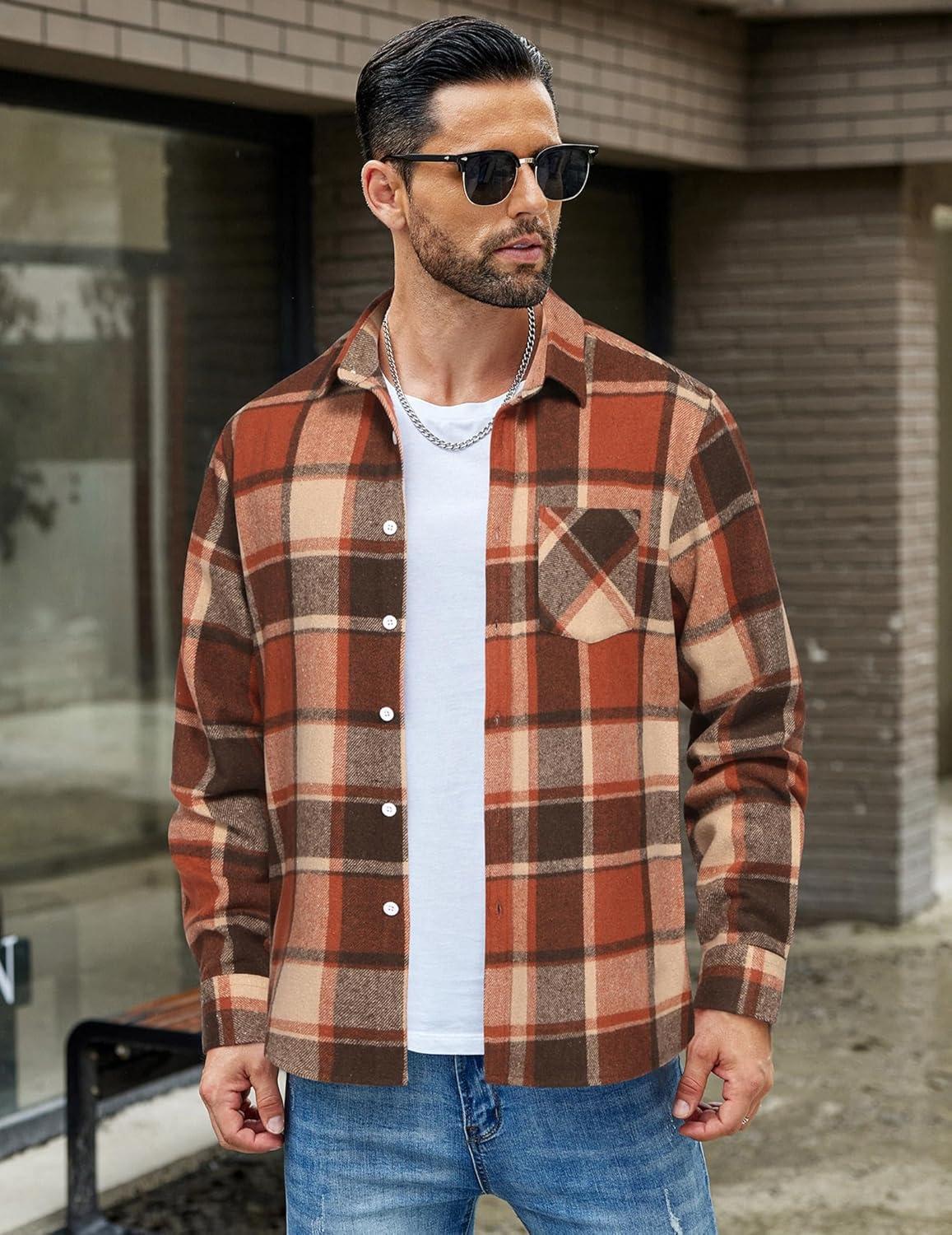 imageCOOFANDY Mens Flannel Shirts Long Sleeve Lightweight Plaid Shirt Casual Button Down Shirts JacketOrange Red
