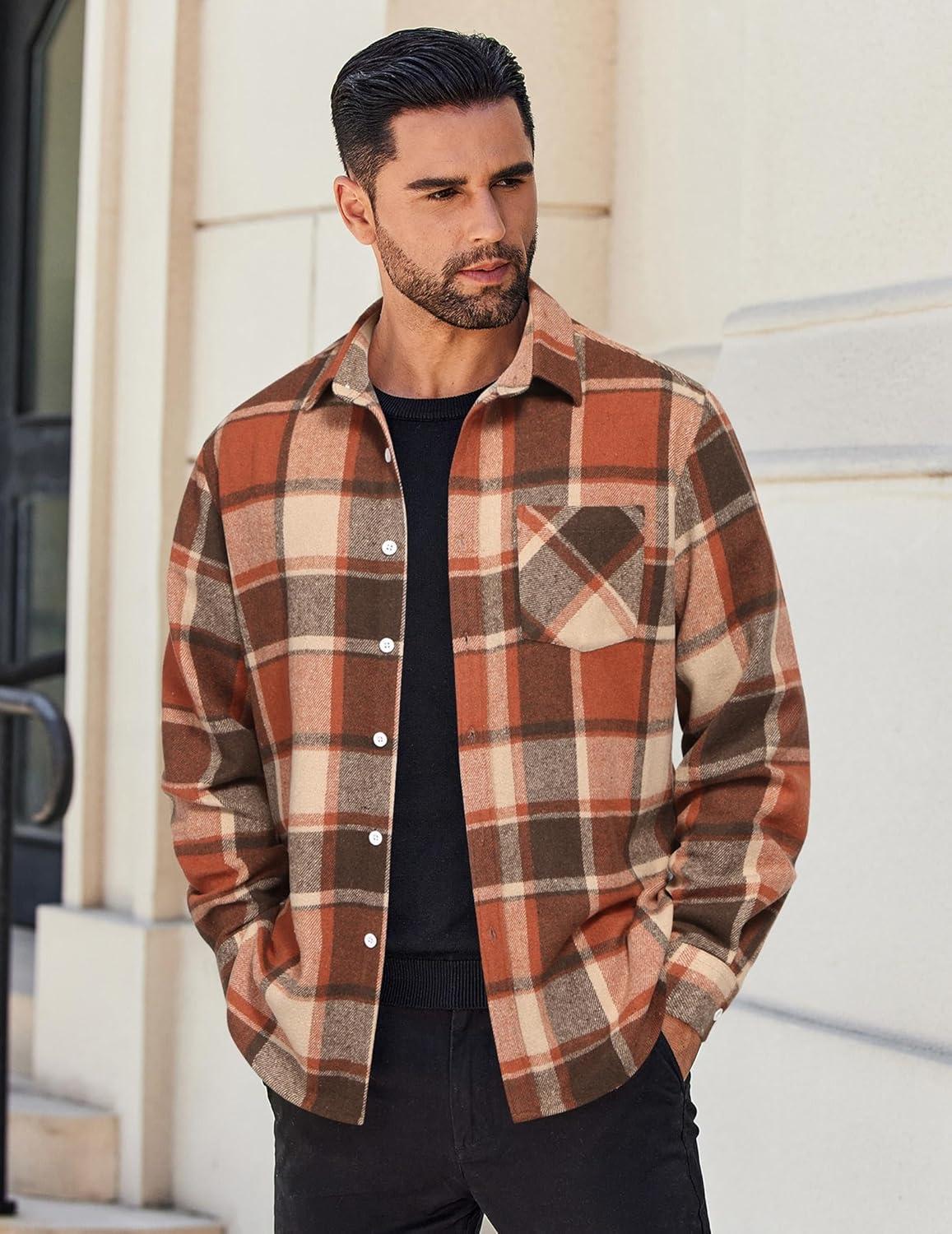 imageCOOFANDY Mens Flannel Shirts Long Sleeve Lightweight Plaid Shirt Casual Button Down Shirts JacketOrange Red