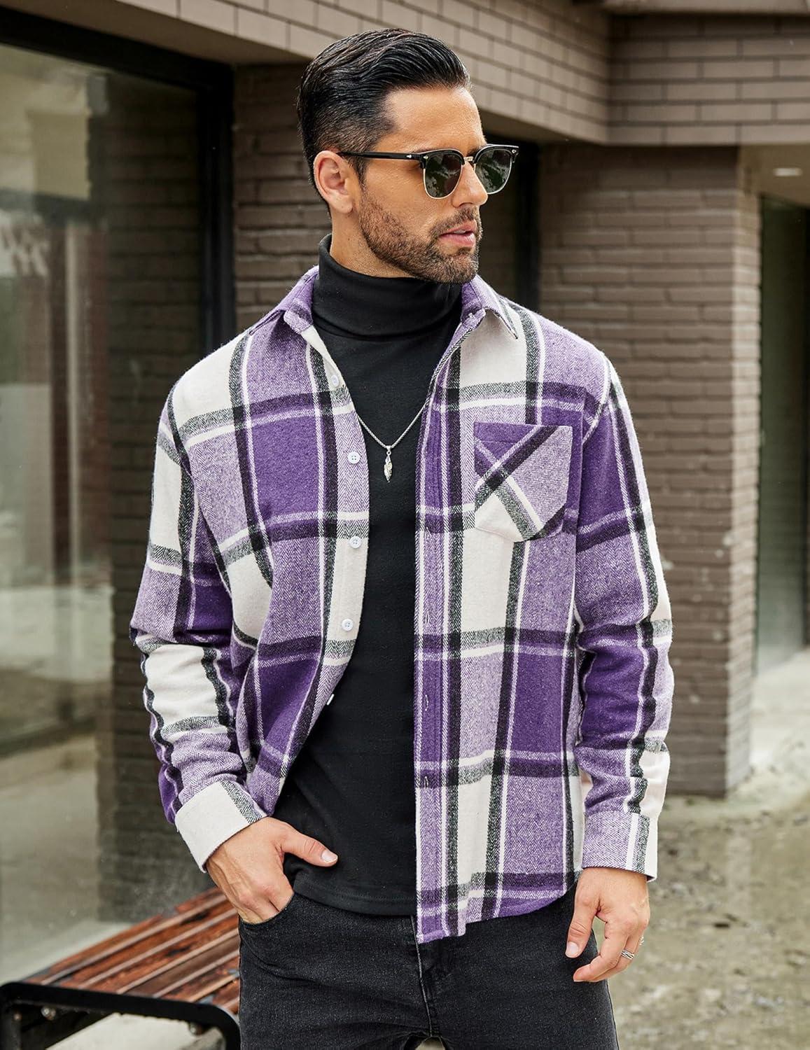 imageCOOFANDY Mens Flannel Shirts Long Sleeve Lightweight Plaid Shirt Casual Button Down Shirts JacketPurple