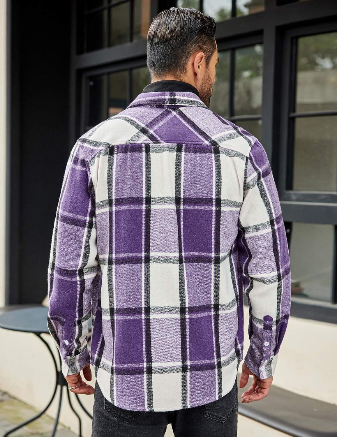 imageCOOFANDY Mens Flannel Shirts Long Sleeve Lightweight Plaid Shirt Casual Button Down Shirts JacketPurple