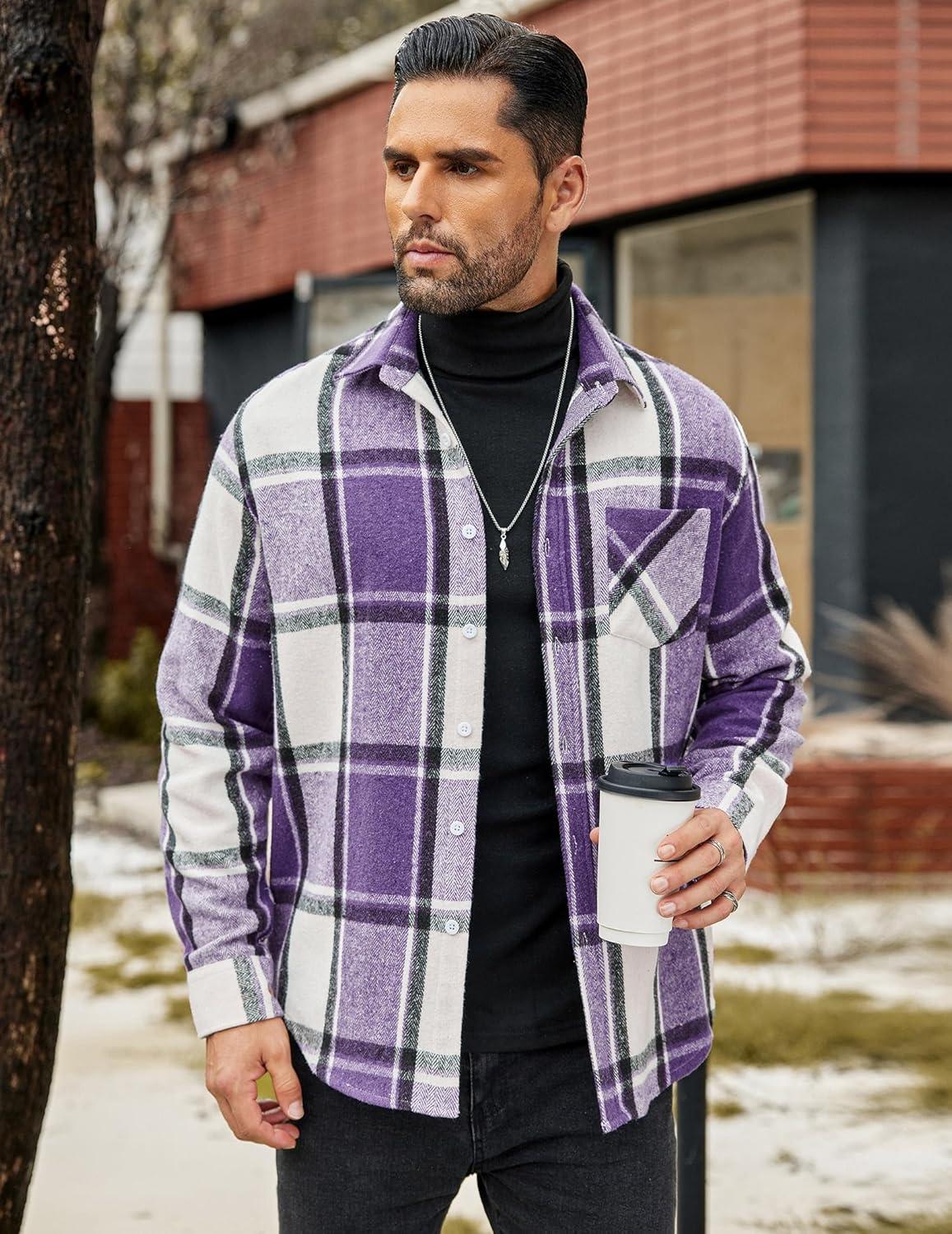 imageCOOFANDY Mens Flannel Shirts Long Sleeve Lightweight Plaid Shirt Casual Button Down Shirts JacketPurple