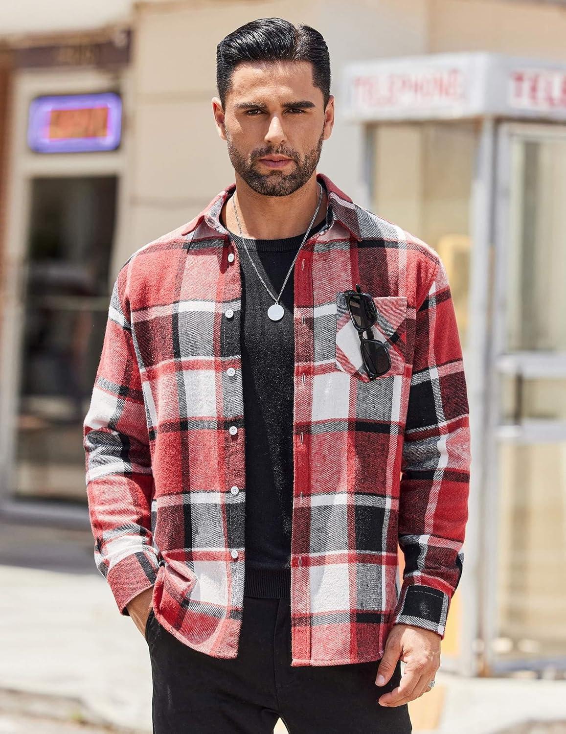 imageCOOFANDY Mens Flannel Shirts Long Sleeve Lightweight Plaid Shirt Casual Button Down Shirts JacketRed