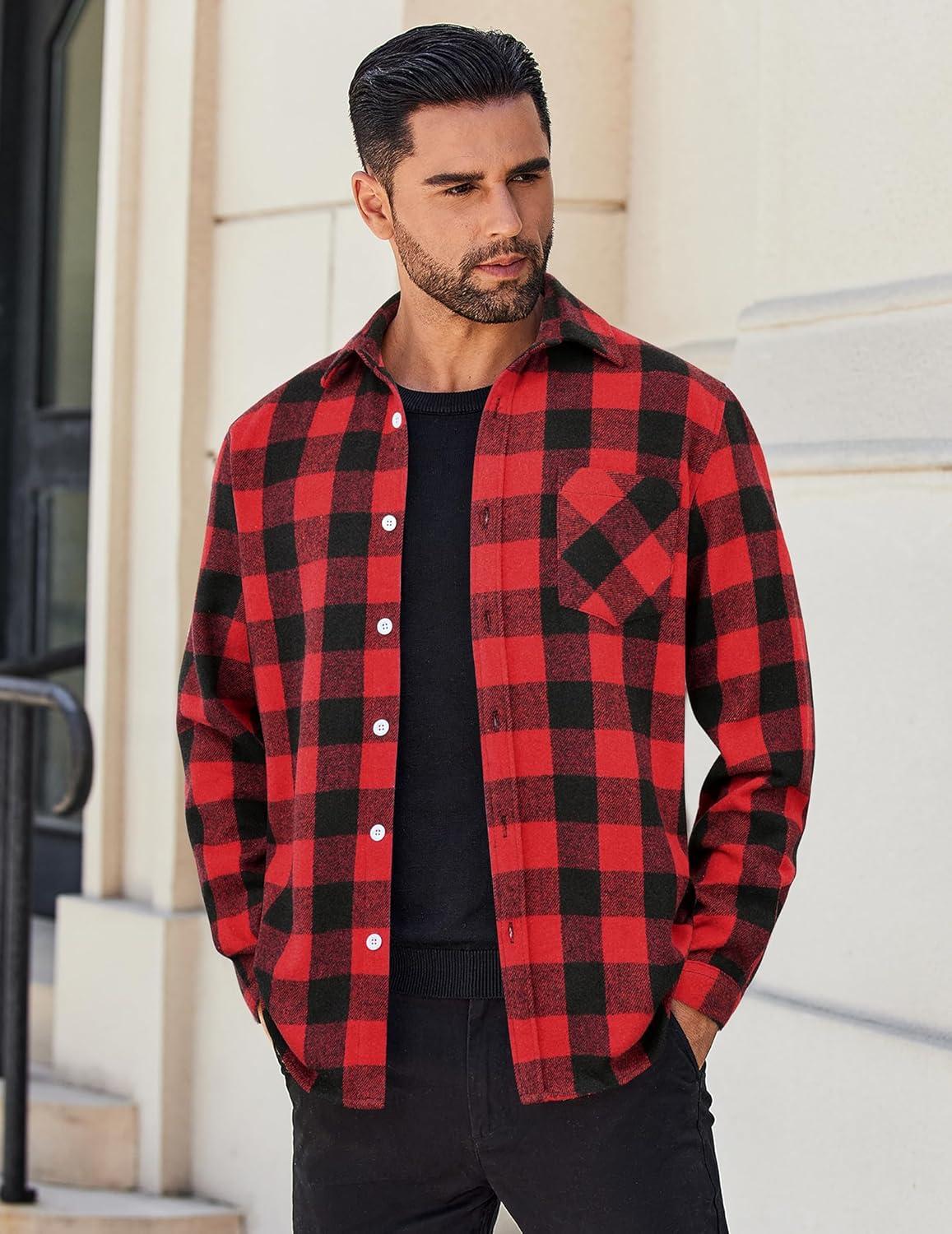 imageCOOFANDY Mens Flannel Shirts Long Sleeve Lightweight Plaid Shirt Casual Button Down Shirts JacketRed Black