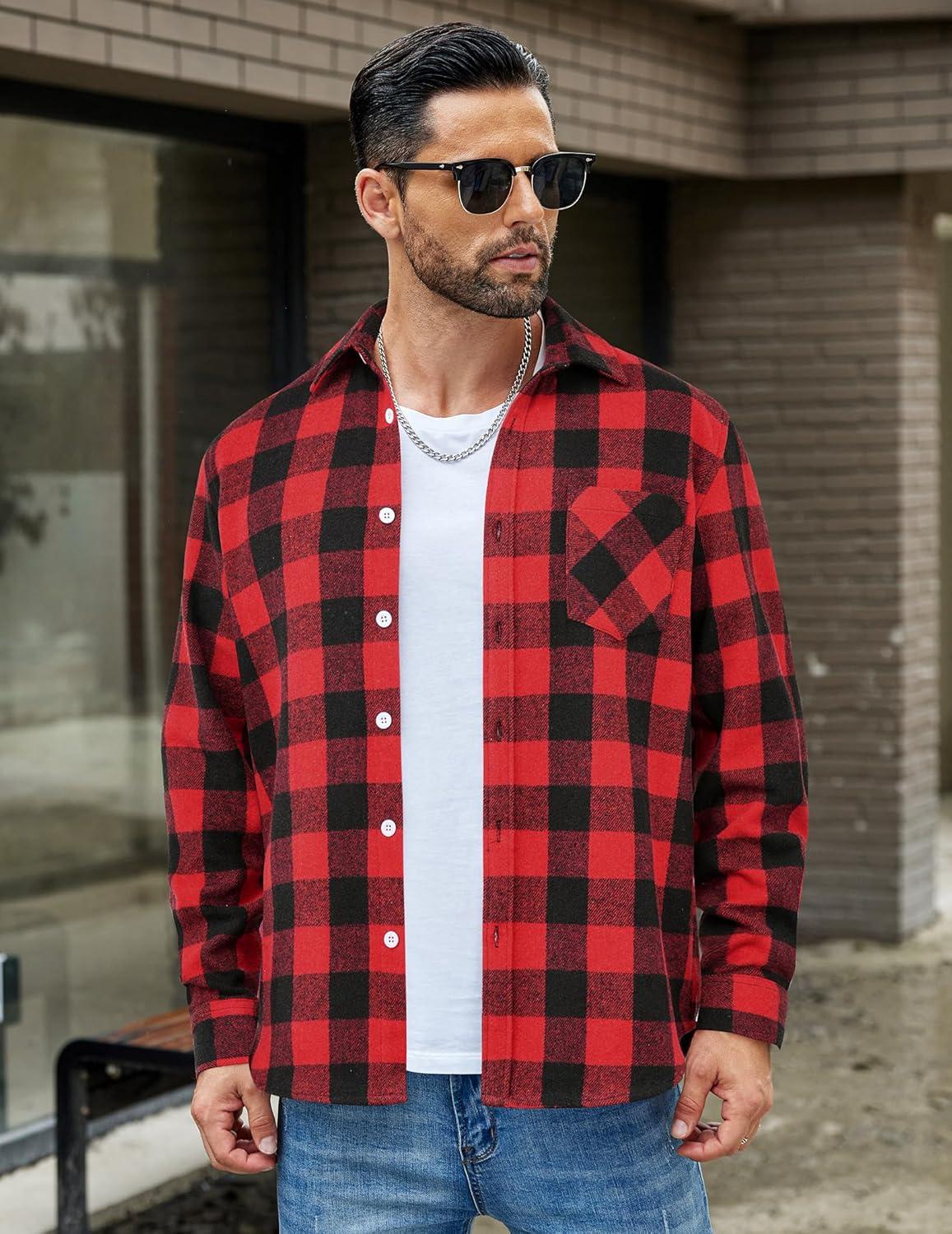 imageCOOFANDY Mens Flannel Shirts Long Sleeve Lightweight Plaid Shirt Casual Button Down Shirts JacketRed Black