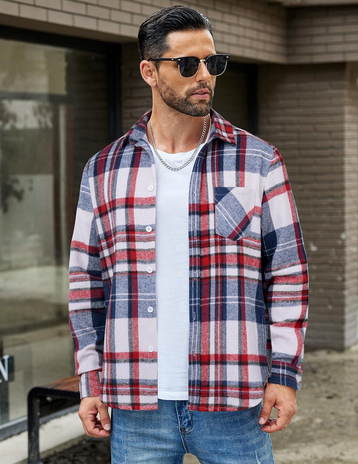 imageCOOFANDY Mens Flannel Shirts Long Sleeve Lightweight Plaid Shirt Casual Button Down Shirts JacketRed Blue